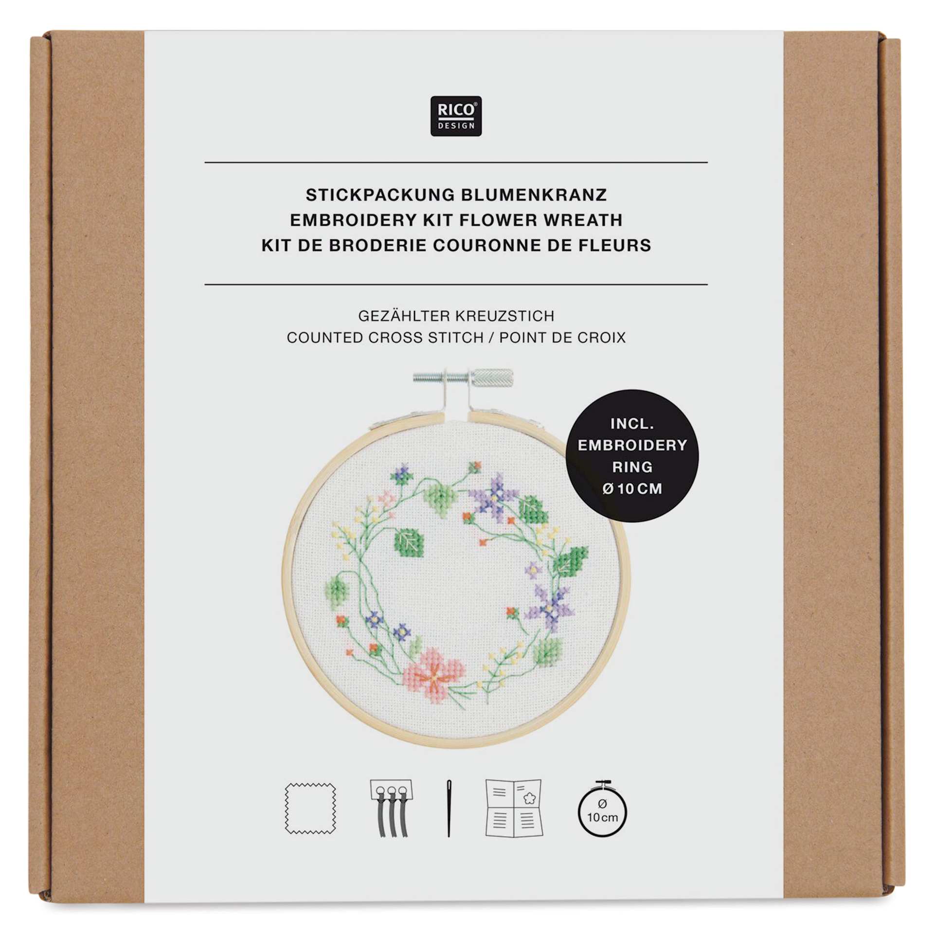 Rico Design Counted Cross Stitch Kit - Flower Wreath, 10 cm front of packaging