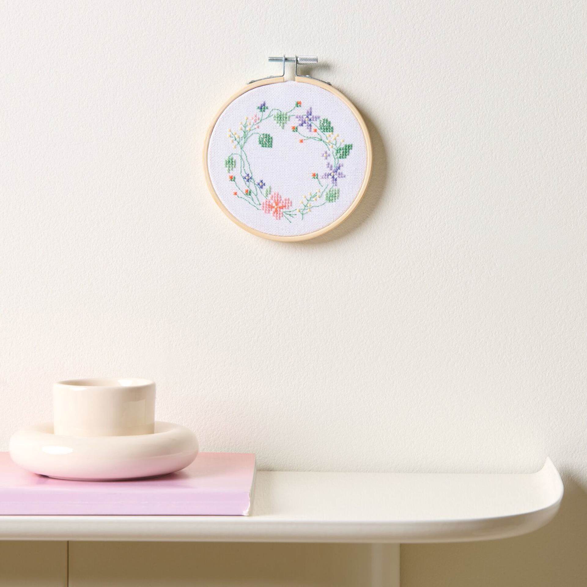 Rico Design Counted Cross Stitch Kit - Flower Wreath, 10 cm completed project mounted to wall