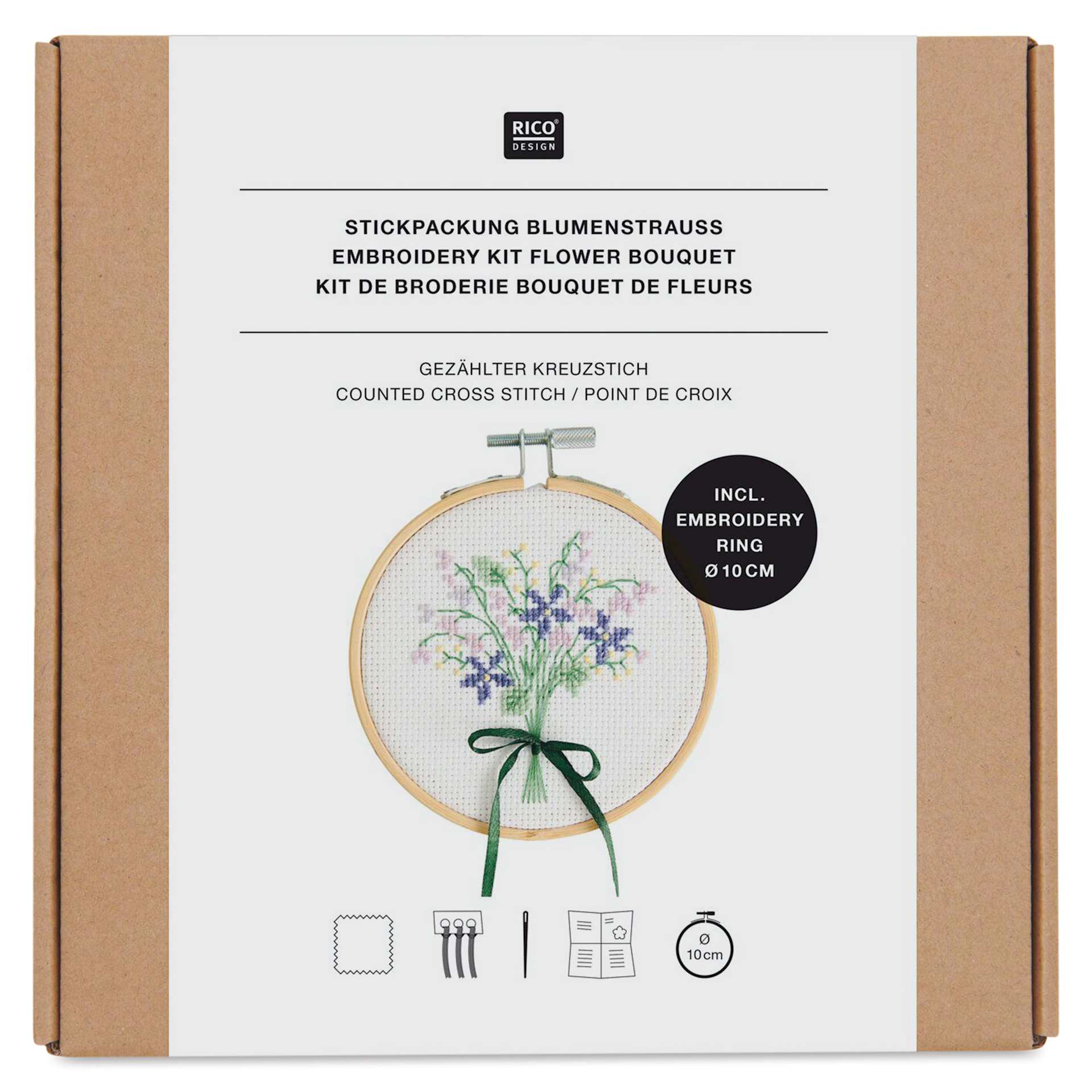 Rico Design Counted Cross Stitch Kit - Flower Bouquet, 10 cm front of packaging