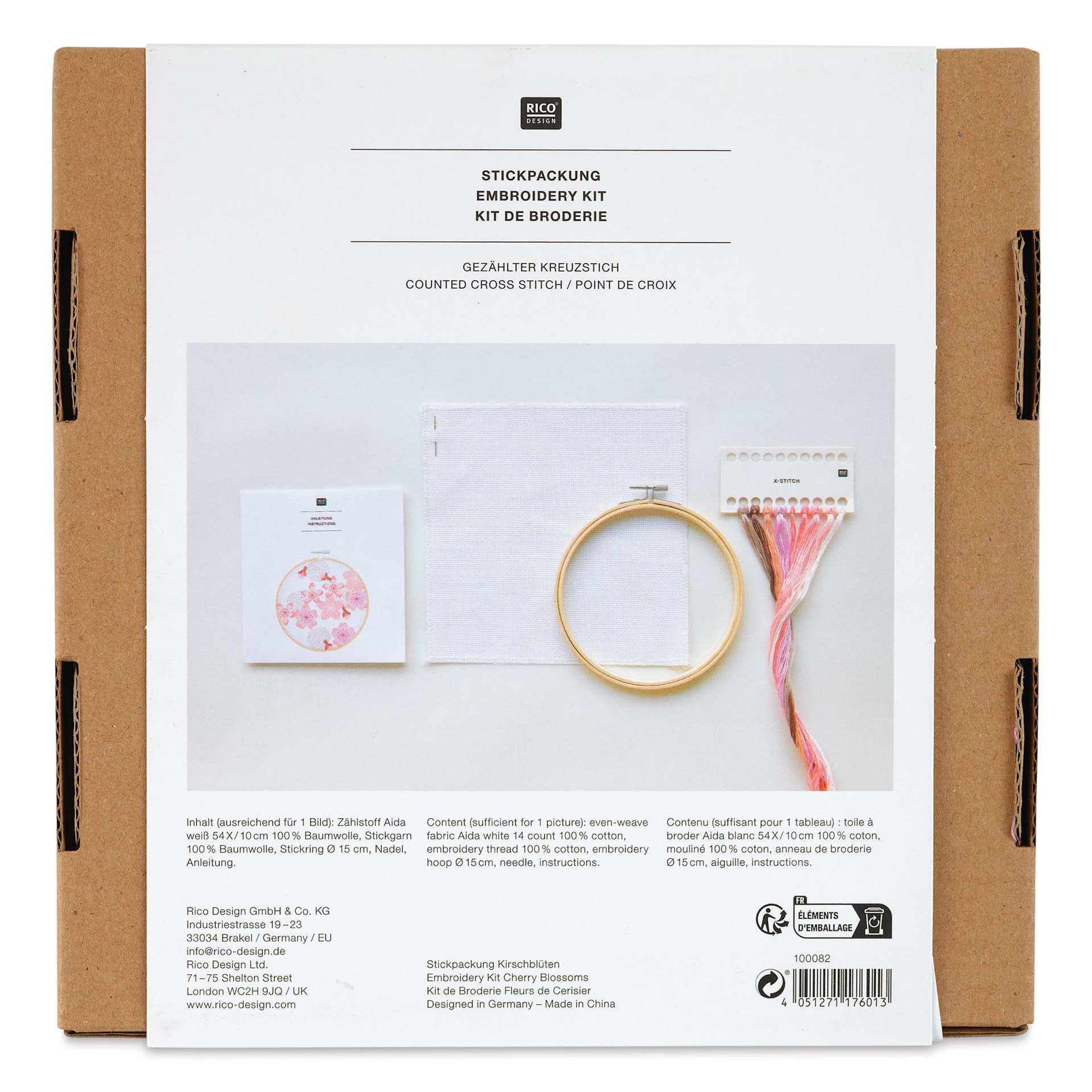 Rico Design Counted Cross Stitch Kit - Cherry Blossom, 15 cm - back of packaging