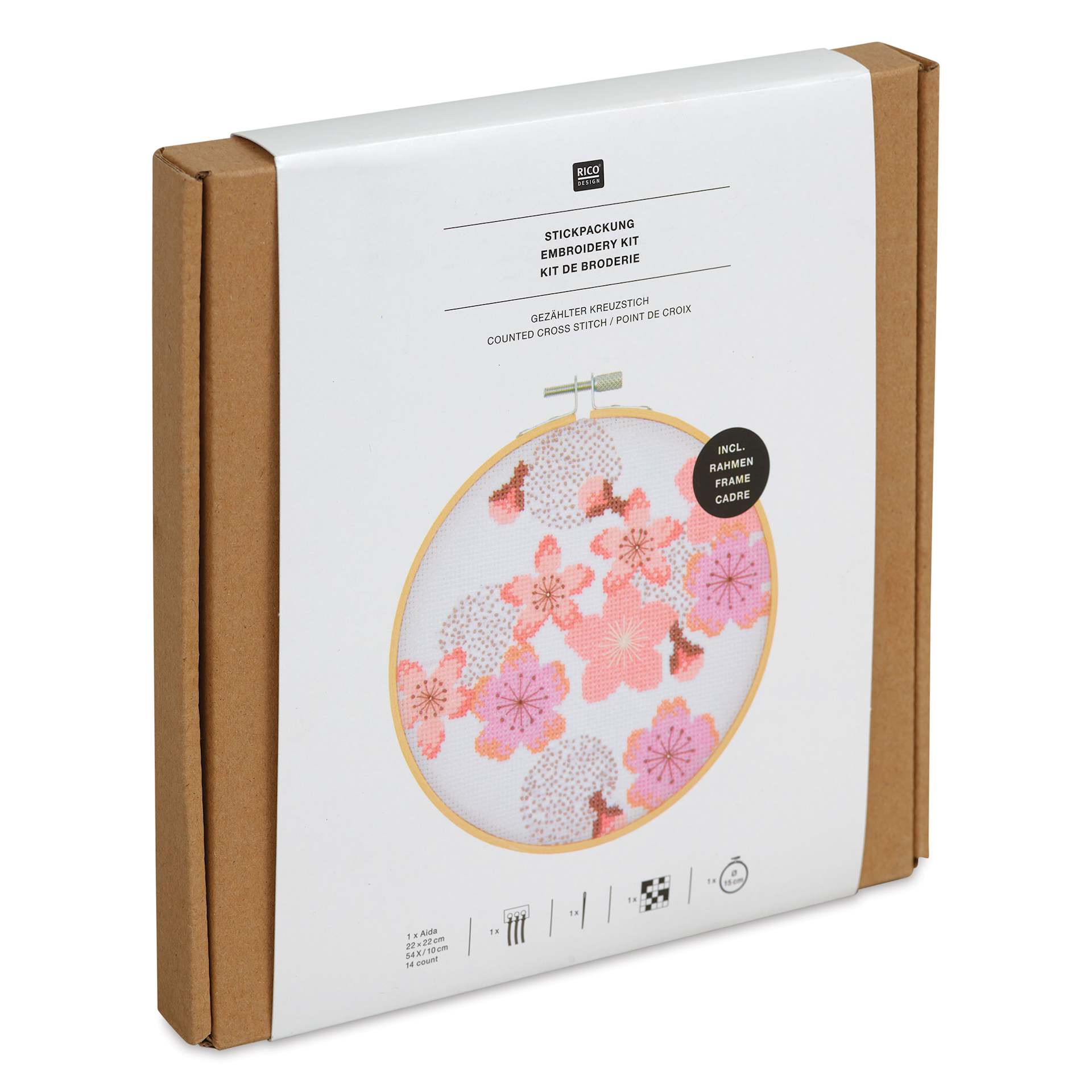 Rico Design Counted Cross Stitch Kit - Cherry Blossom, 15 cm - front of packaging, angled view