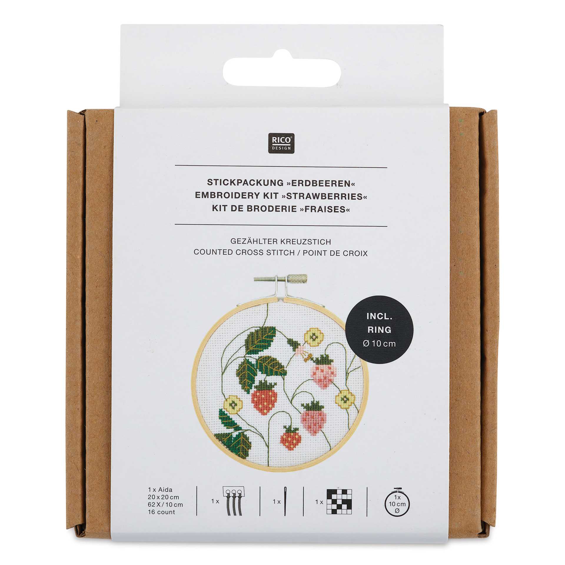 Rico Design Counted Cross Stitch Kit - Strawberries, 10 cm - back of packaging