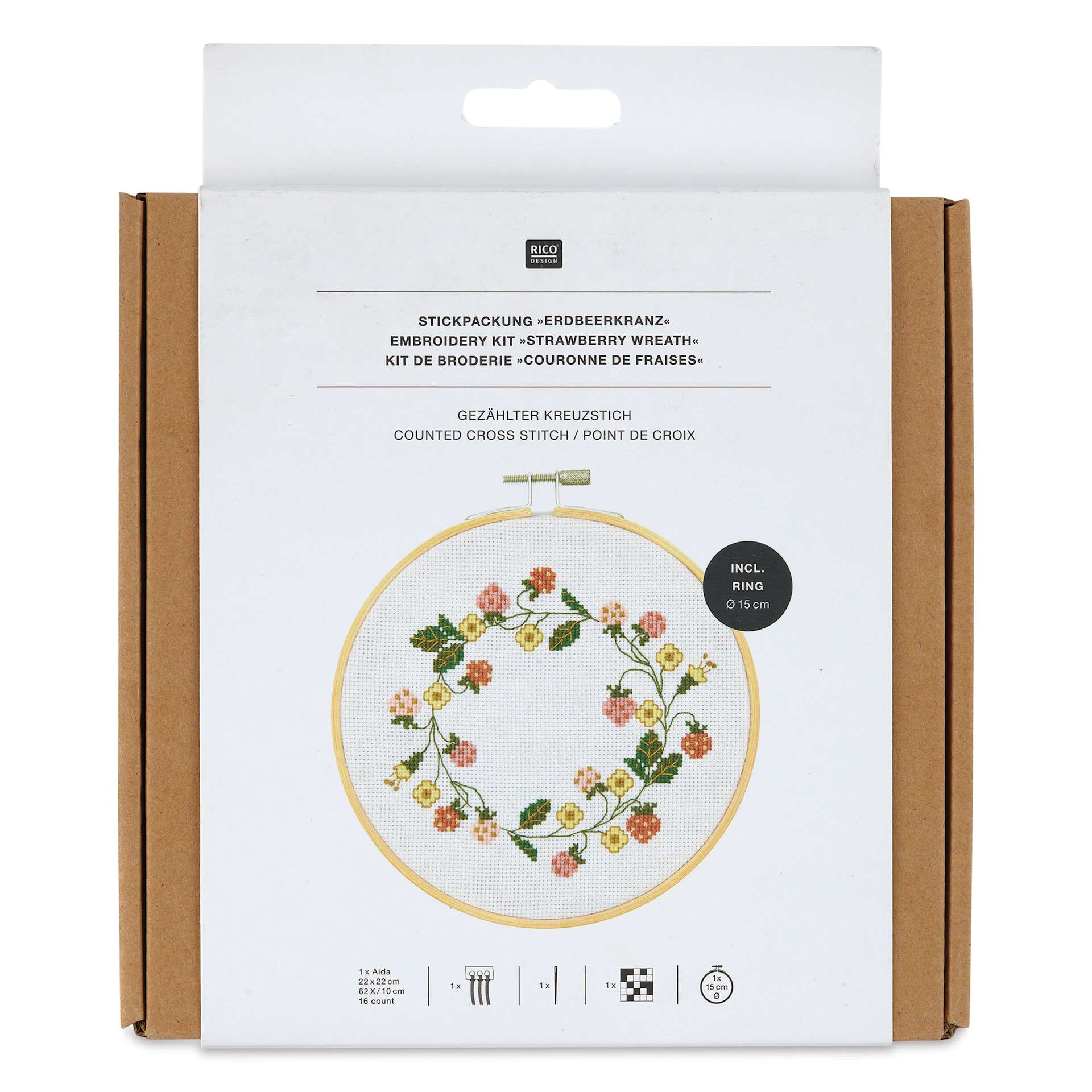 Rico Design Counted Cross Stitch Kit - Strawberry Wreath, 15 cm - front of packaging