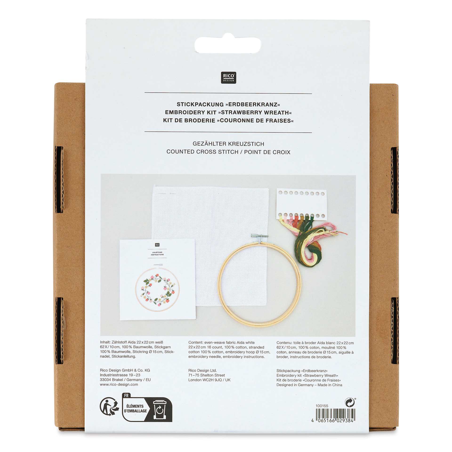 Rico Design Counted Cross Stitch Kit - Strawberry Wreath, 15 cm - back of packaging