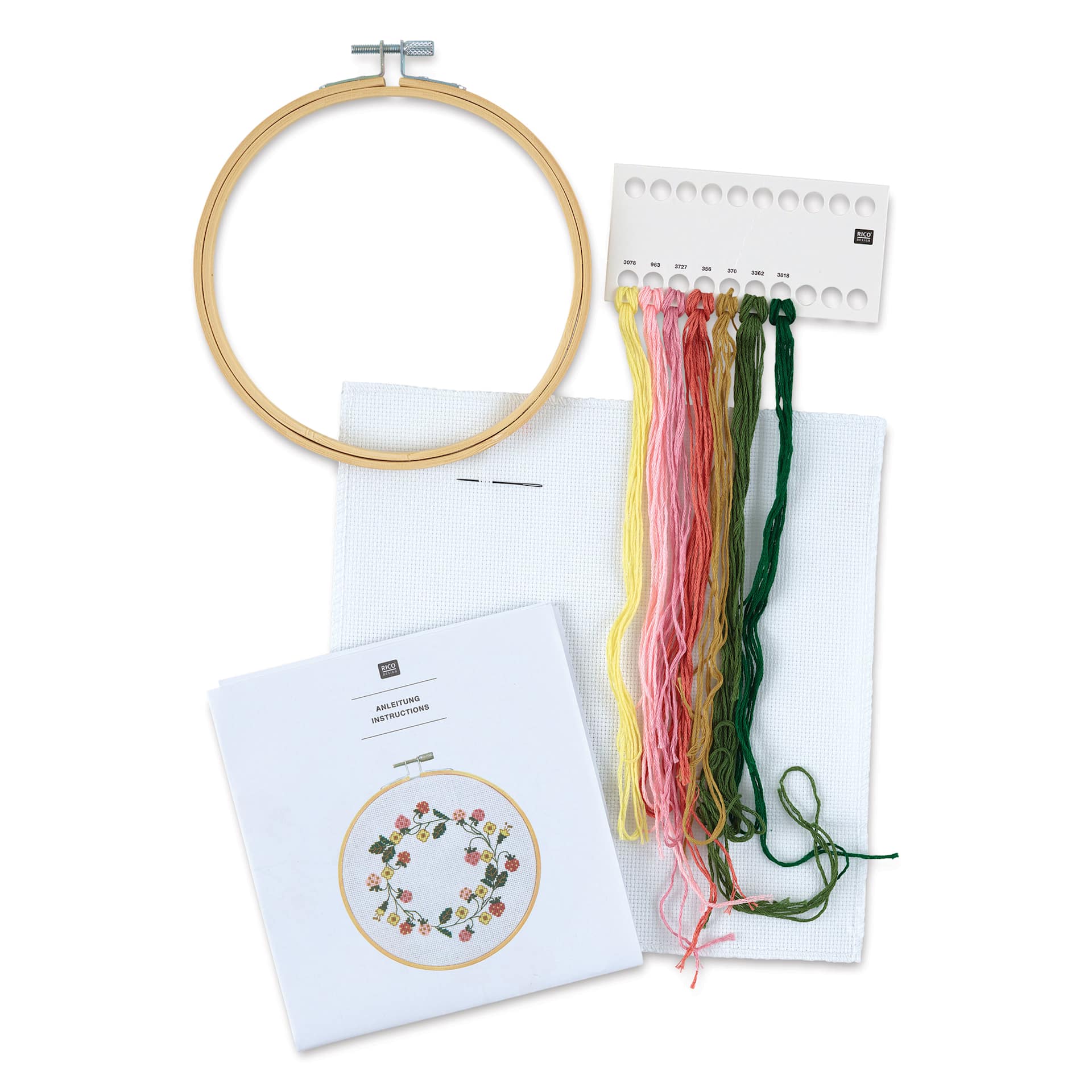 Rico Design Counted Cross Stitch Kit - Strawberry Wreath, 15 cm - contents