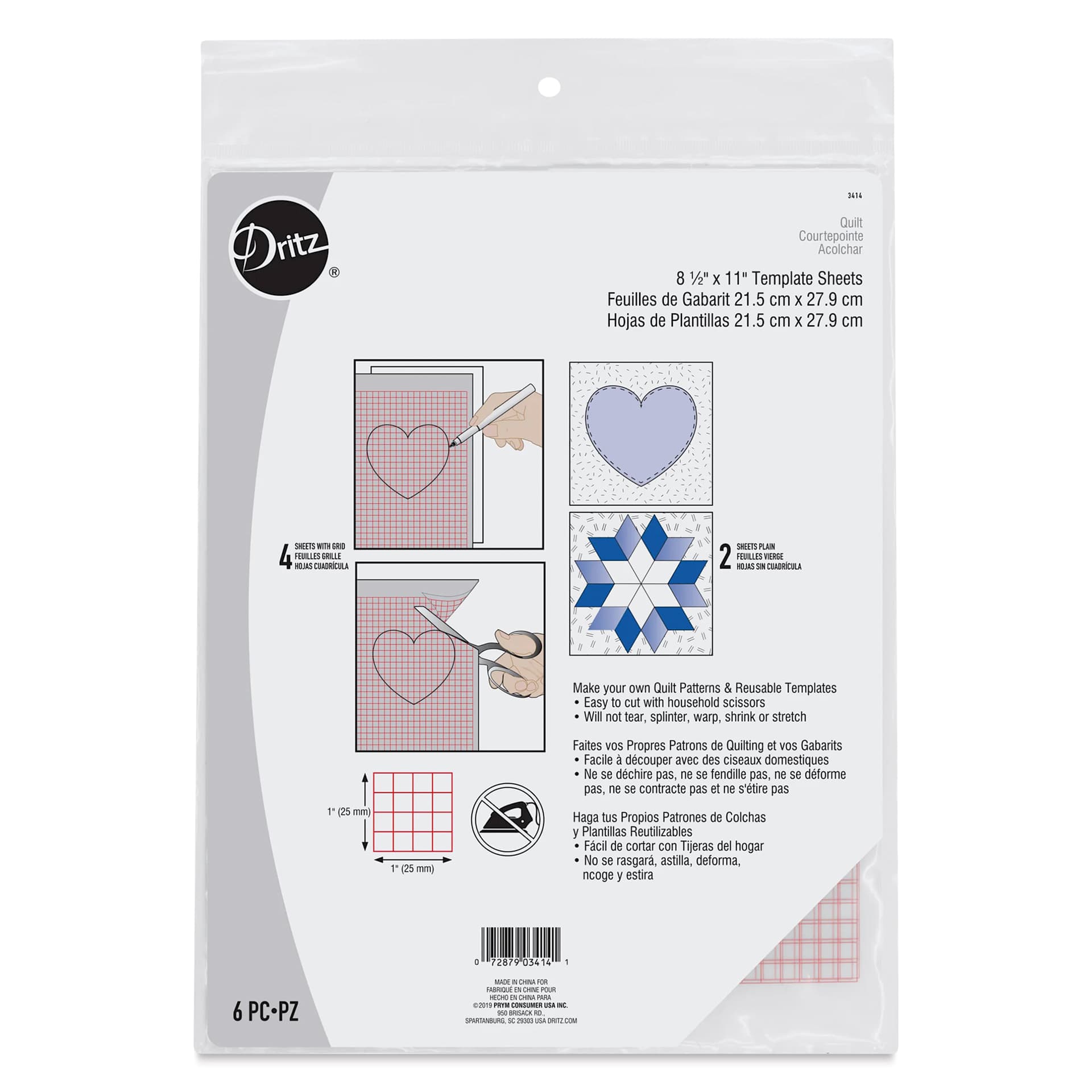 Dritz Quilting Template Sheets - 8.5 in x 11 in, Set of 6 - front of packaging