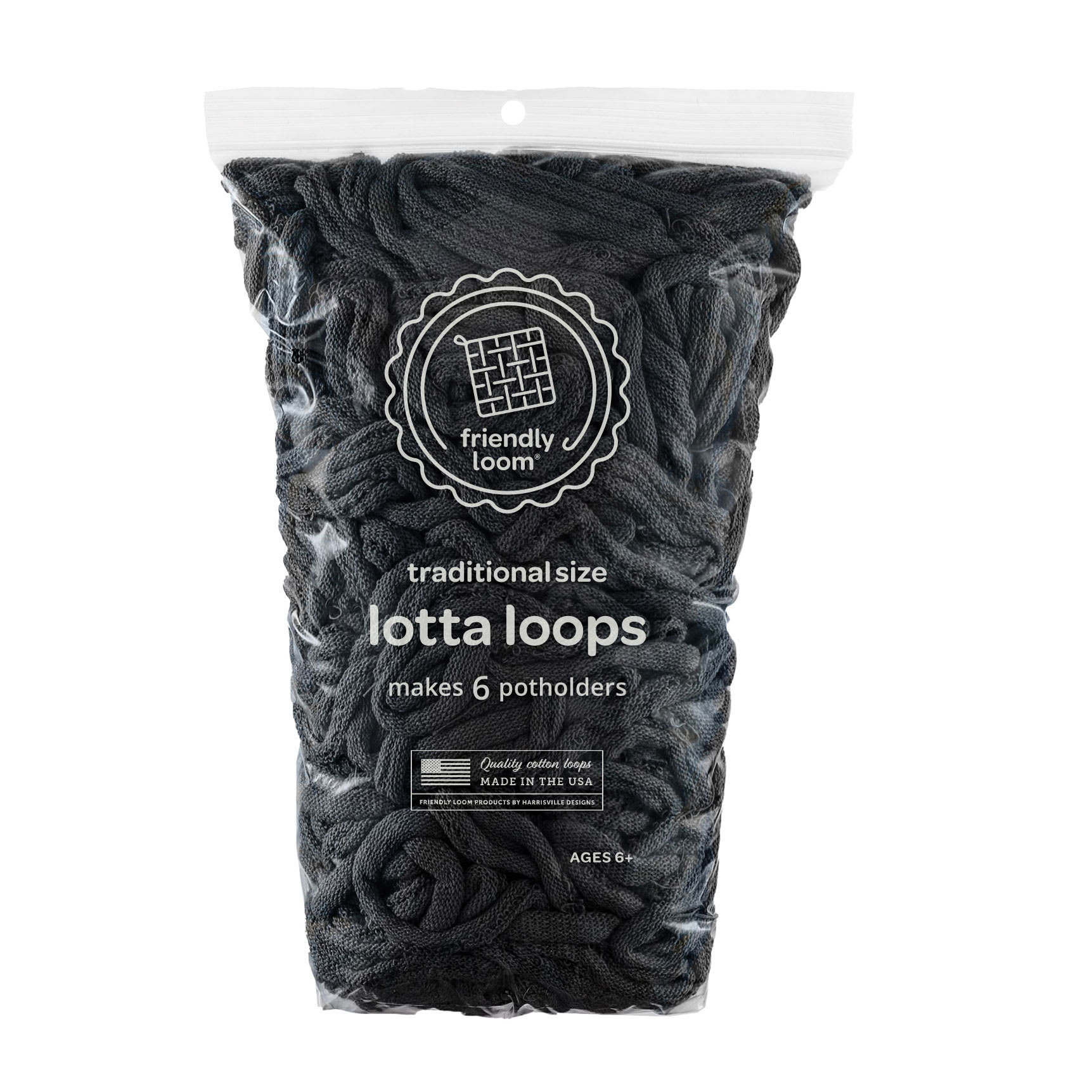 Friendly Loom Traditional Size Cotton Loops - Black, Lotta Loops