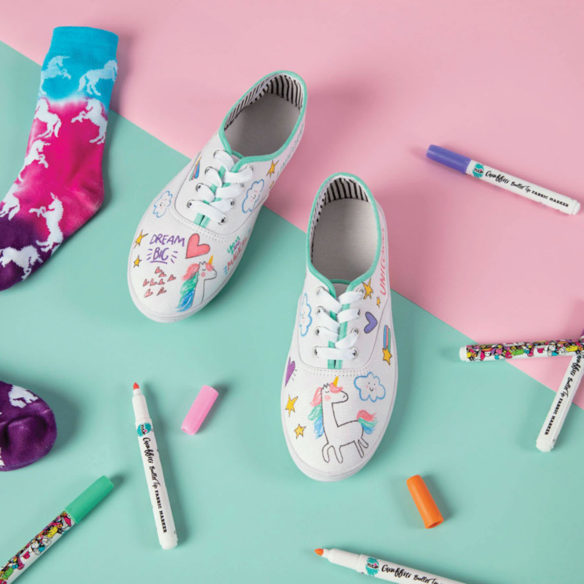 Tulip Graffiti Bullet Tip Fabric Markers (Tennis shoes with unicorn design and fabric markers)