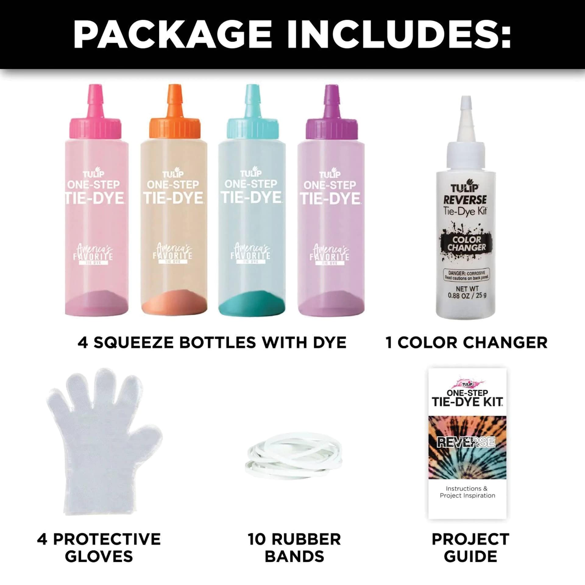 Tulip Reverse Tie-Dye Kit - Set of 4 Colors with Color Changer (contents)
