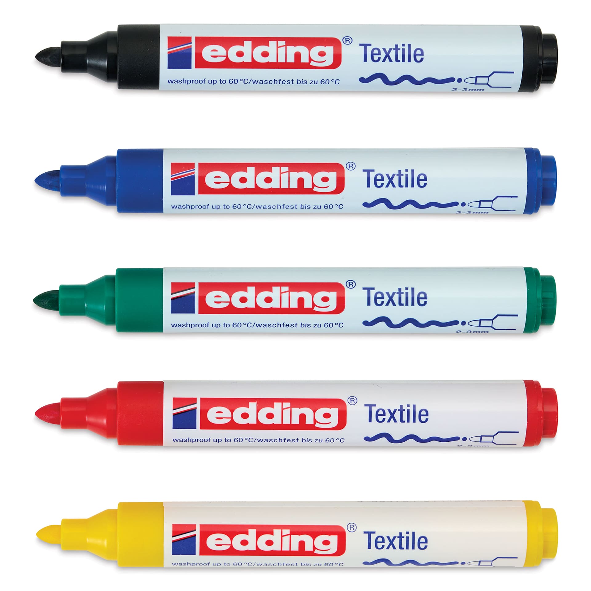 Edding 4500 Textile Markers - Basic, Set of 5, laid out with caps off
