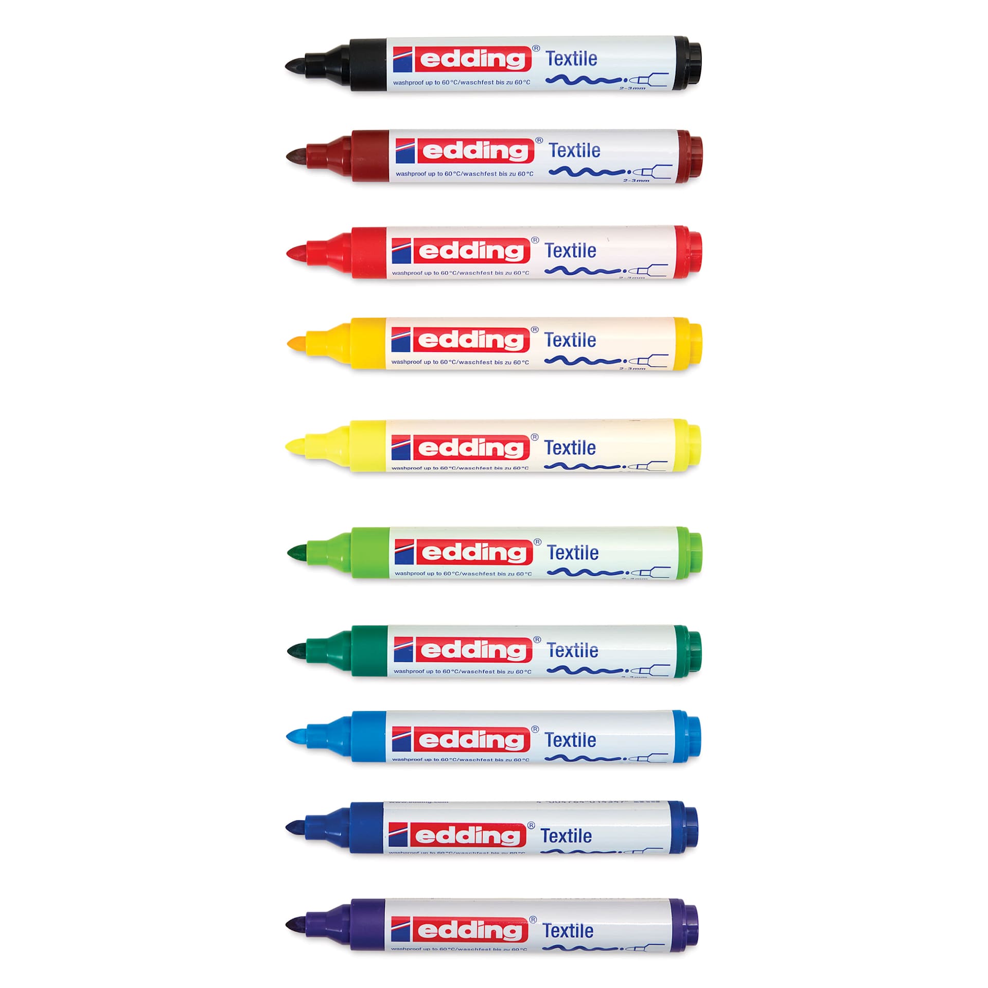 Edding 4500 Textile Markers - Basic, Set of 10, laid out with caps off