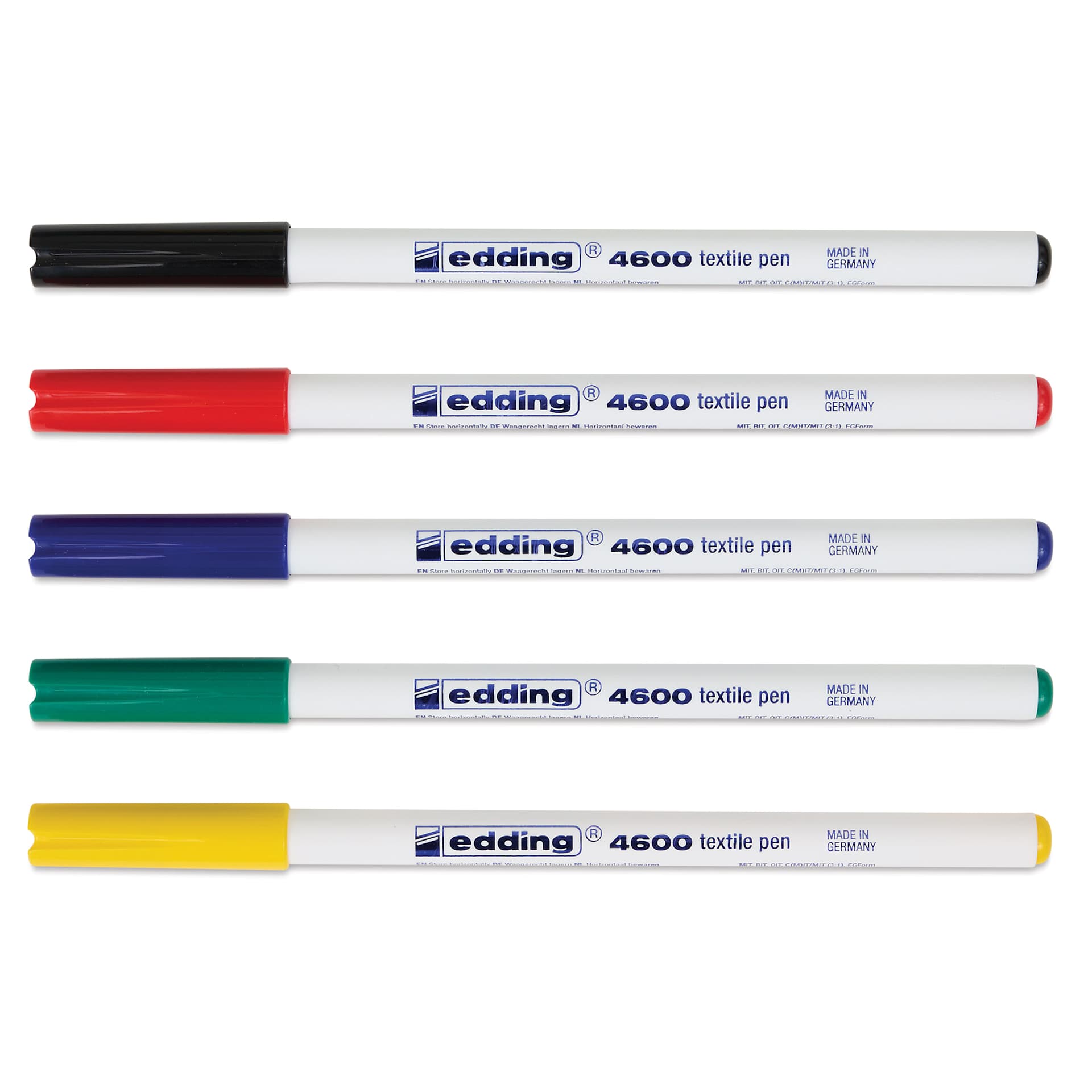 Edding 4600 Textile Pens - Basic, Set of 5, caps on