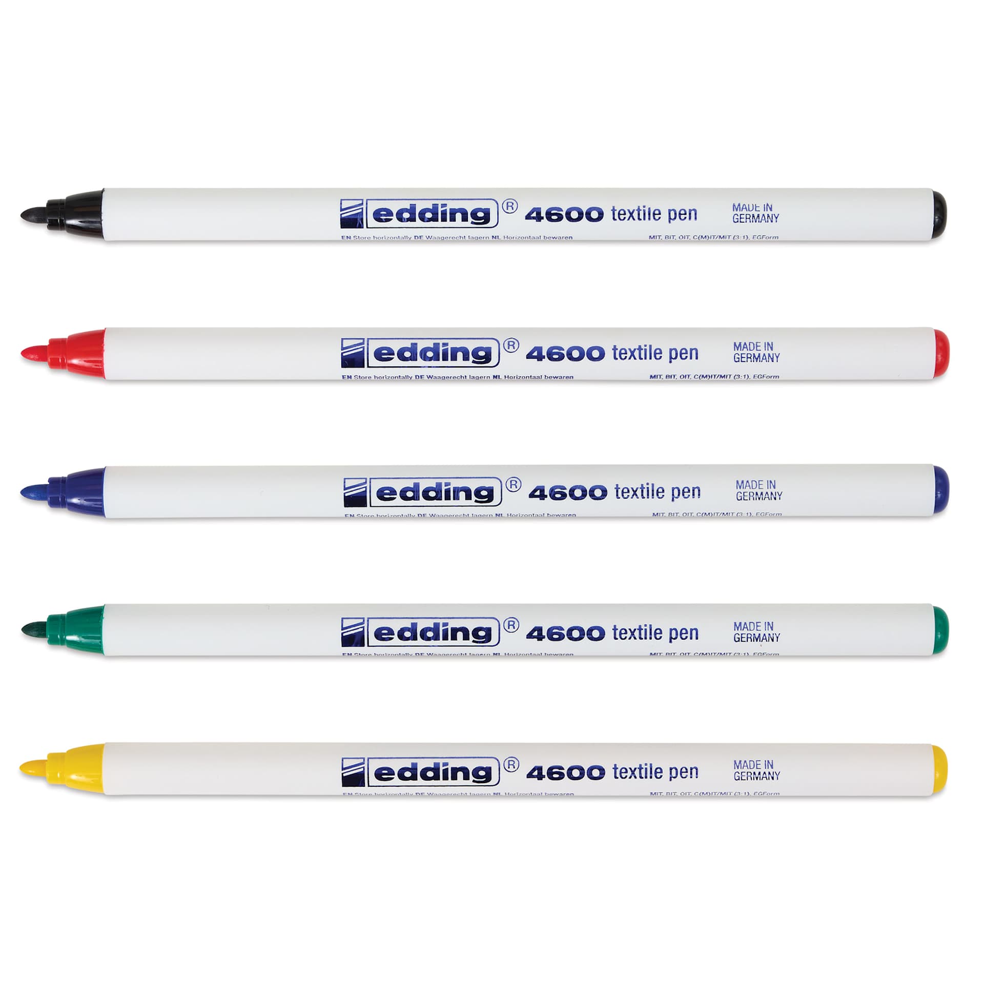 Edding 4600 Textile Pens - Basic, Set of 5, caps off