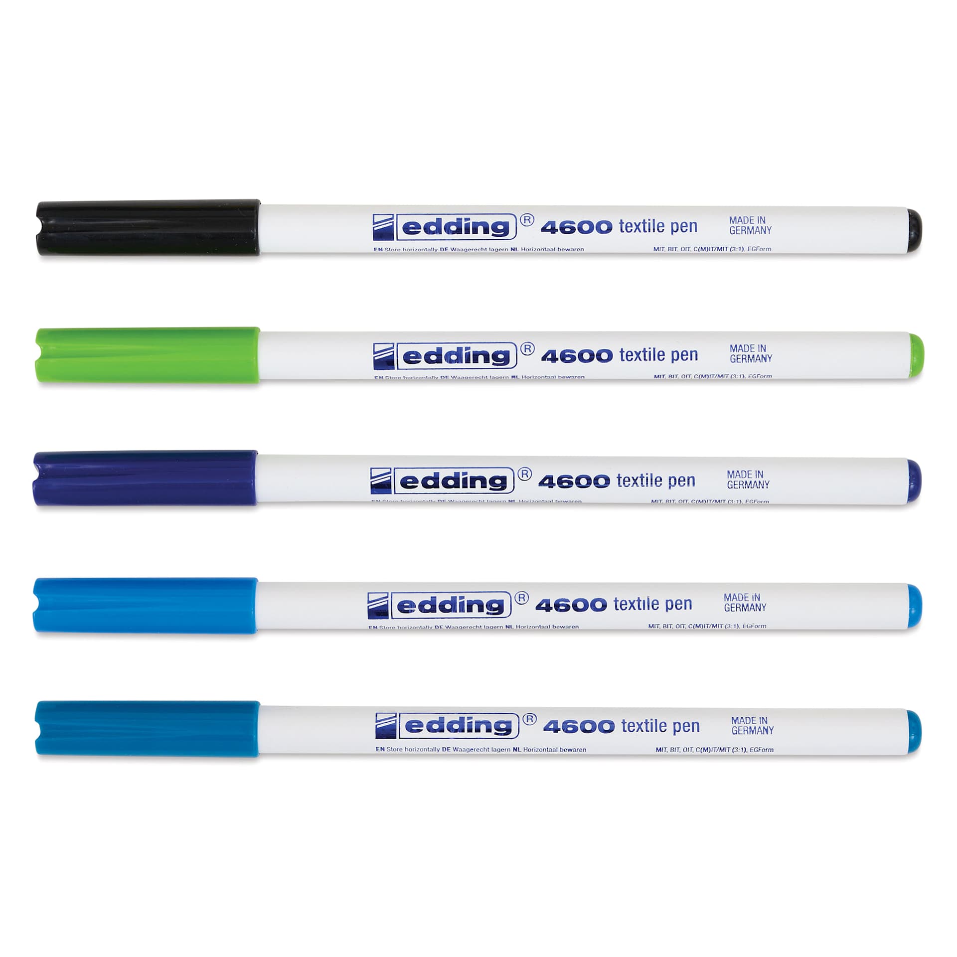 Edding 4600 Textile Pens - Cool, Set of 5, markers laid out with caps on