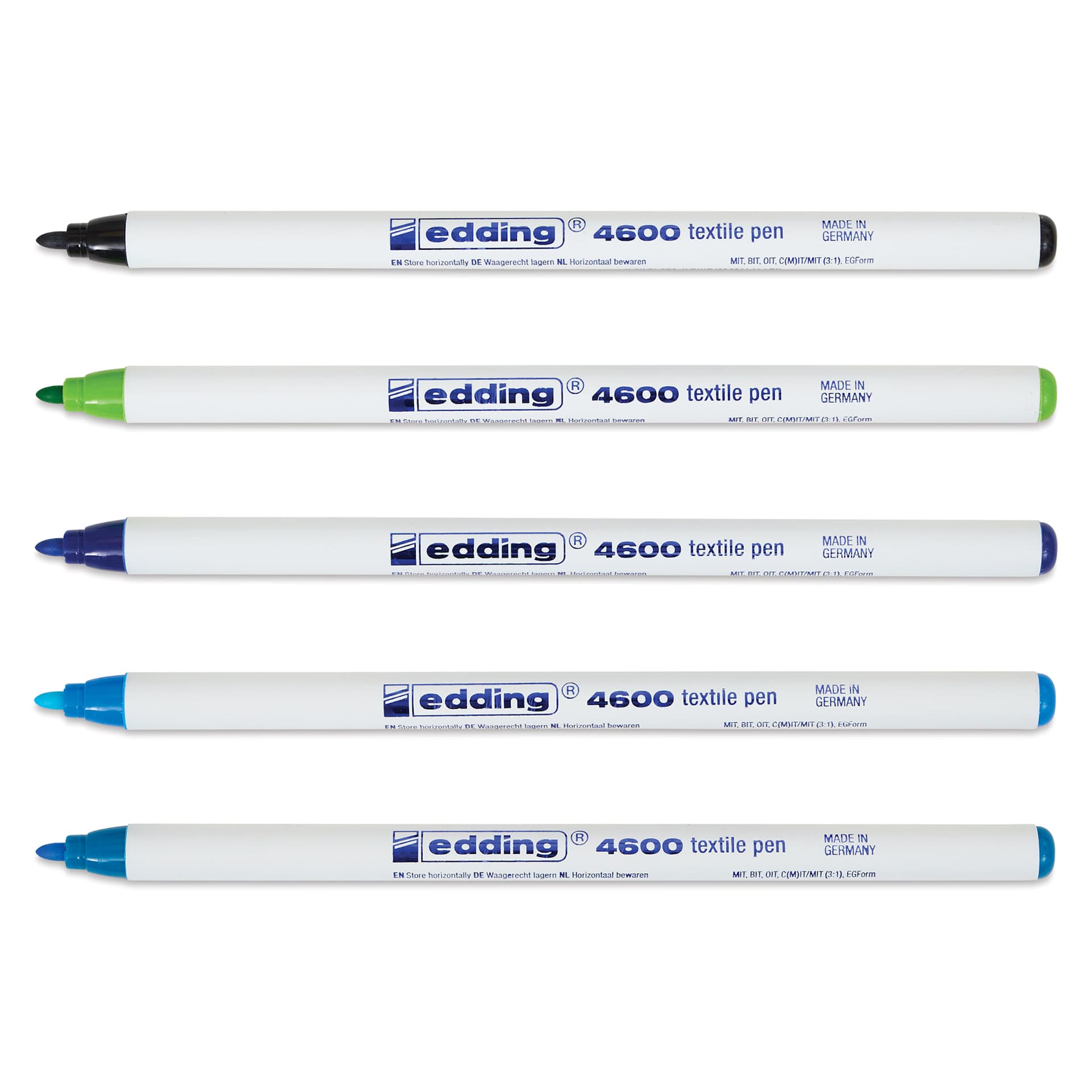 Edding 4600 Textile Pens - Cool, Set of 5, markers laid out with caps off