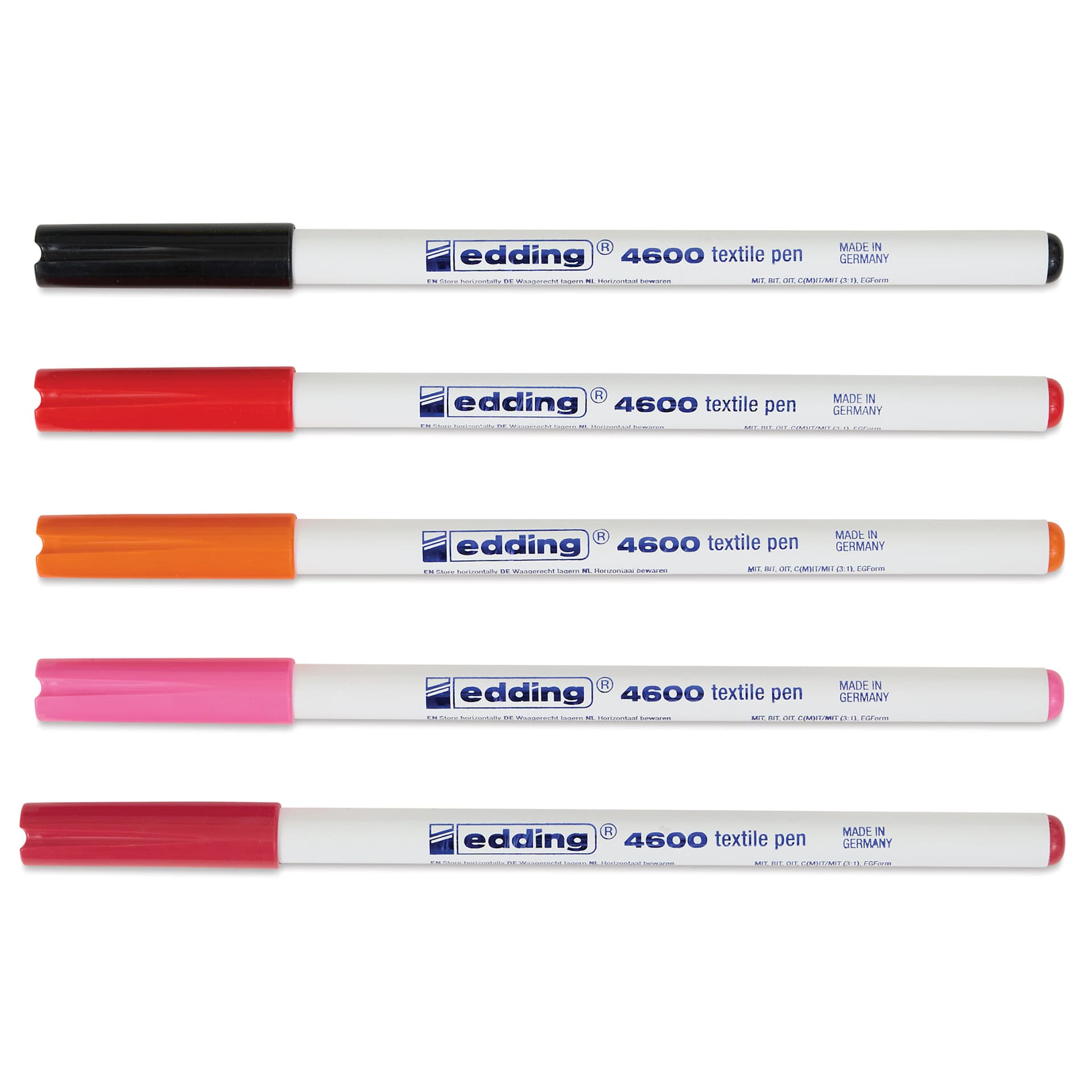 Edding 4600 Textile Pens - Warm, Set of 5, markers laid out with caps on
