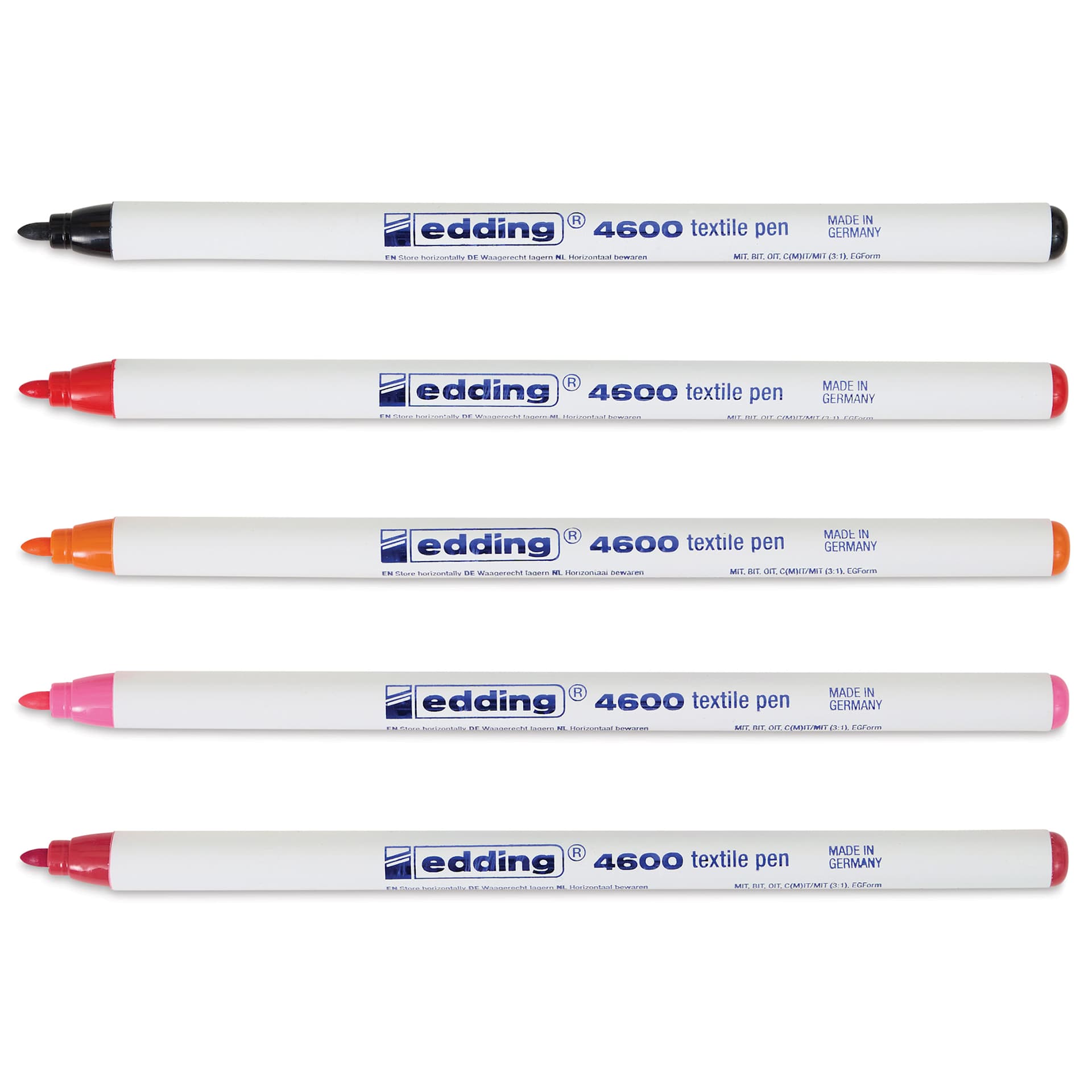 Edding 4600 Textile Pens - Warm, Set of 5, markers laid out with caps off