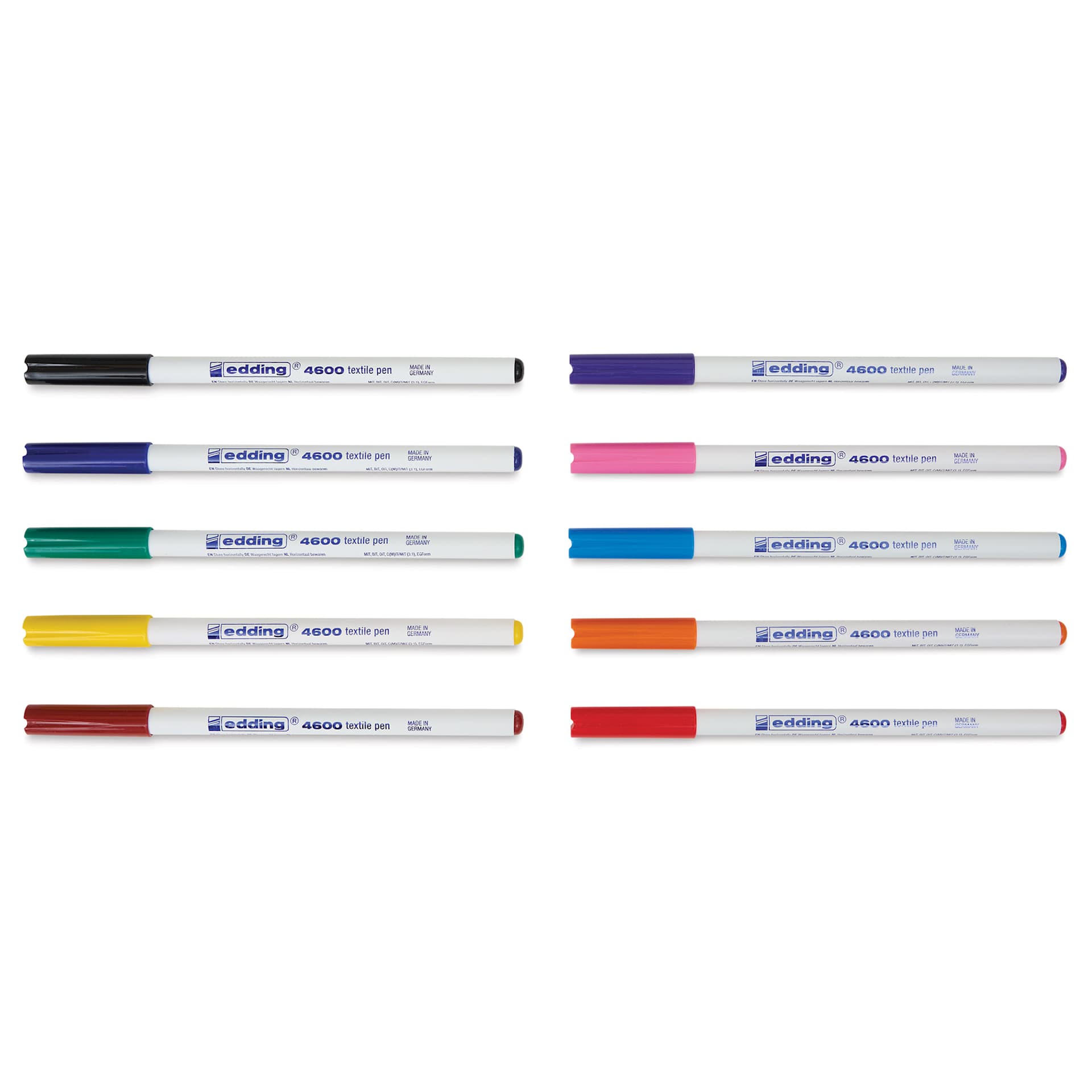 Edding 4600 Textile Pens - Basic, Set of 10, markers laid out with caps on