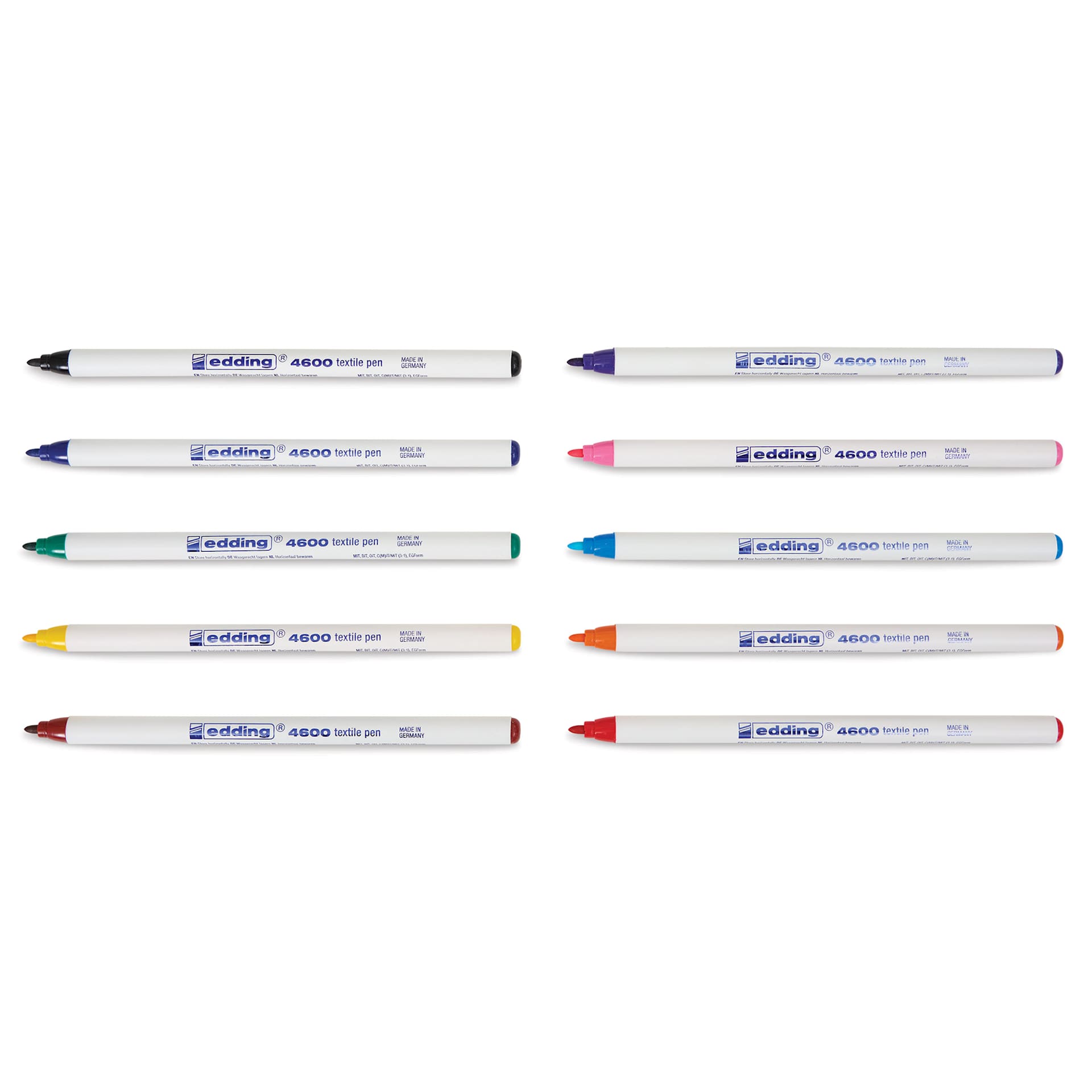 Edding 4600 Textile Pens - Basic, Set of 10, markers laid out with caps off
