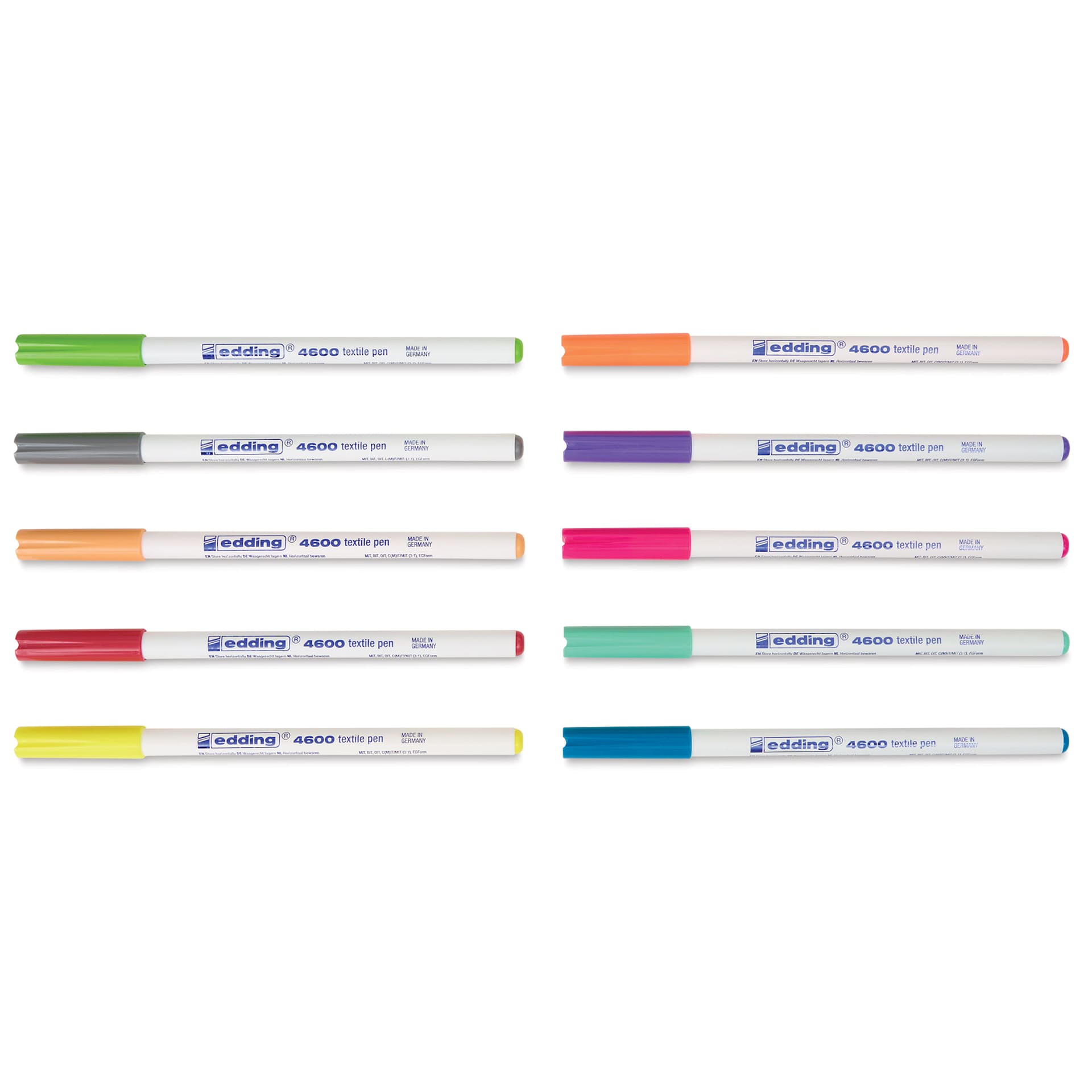 Edding 4600 Textile Pens - Fun, Set of 10, markers laid out with caps on