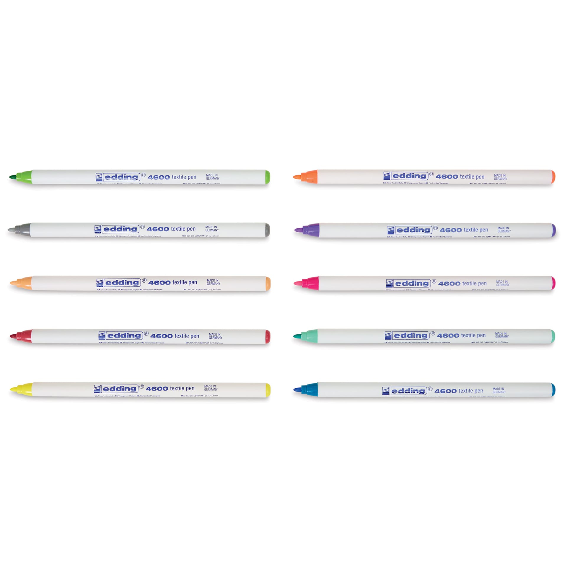 Edding 4600 Textile Pens - Fun, Set of 10, markers laid out with caps off