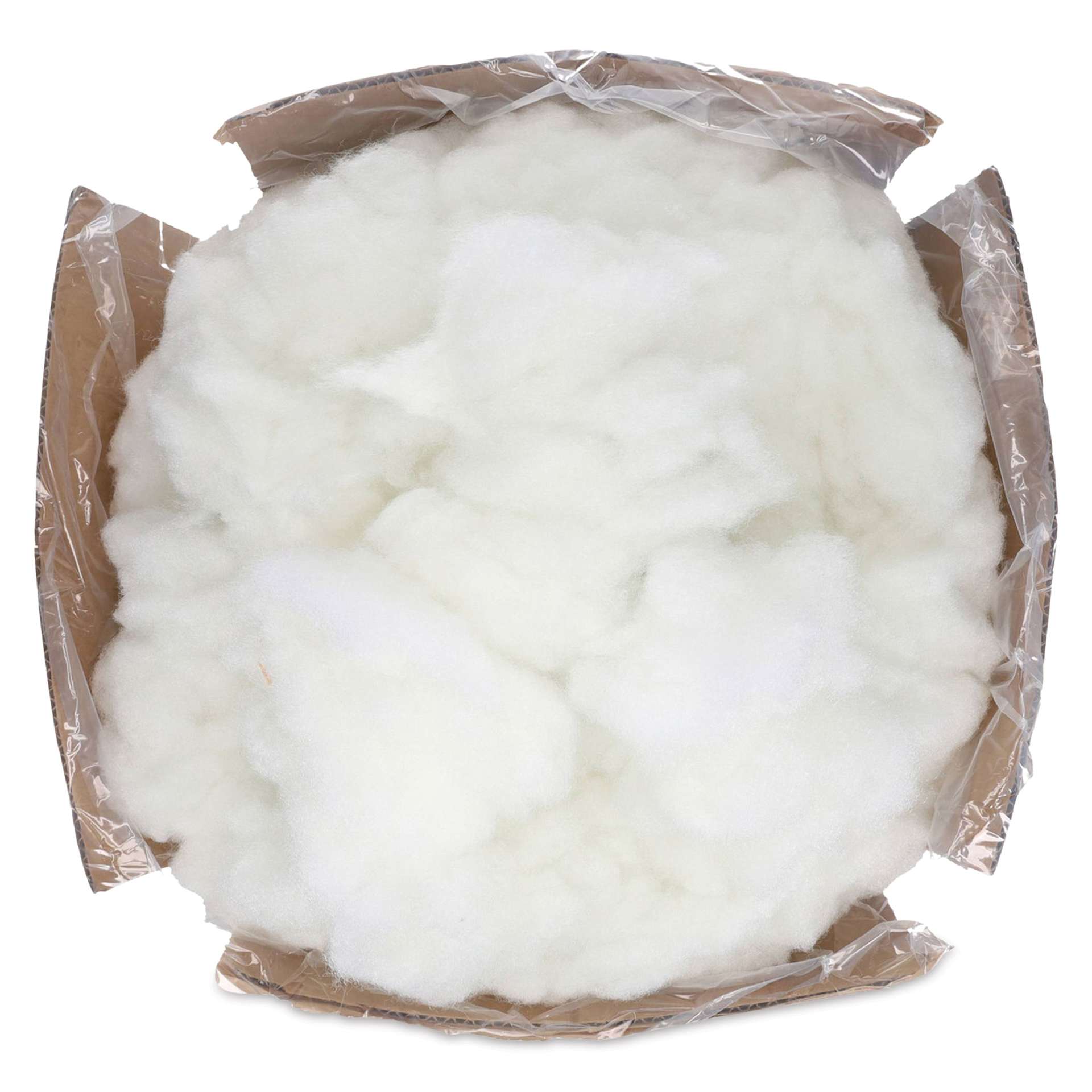 Essentials by Leisure Arts Fiber-fil Polyester Stuffing - 2 lb, box opened seen from above with fiber insider