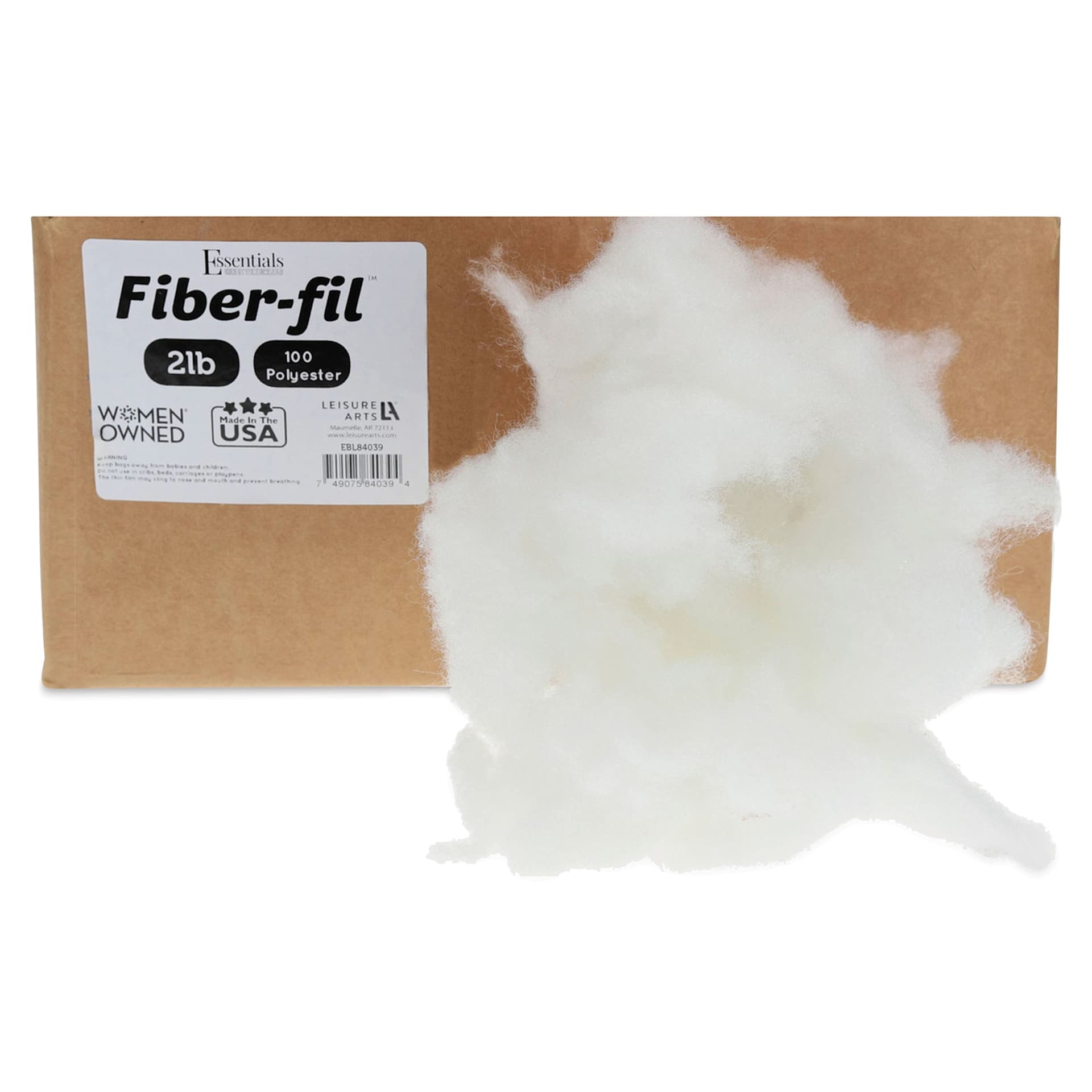 Essentials by Leisure Arts Fiber-fil Polyester Stuffing - 2 lb, fiber in front of the packaging