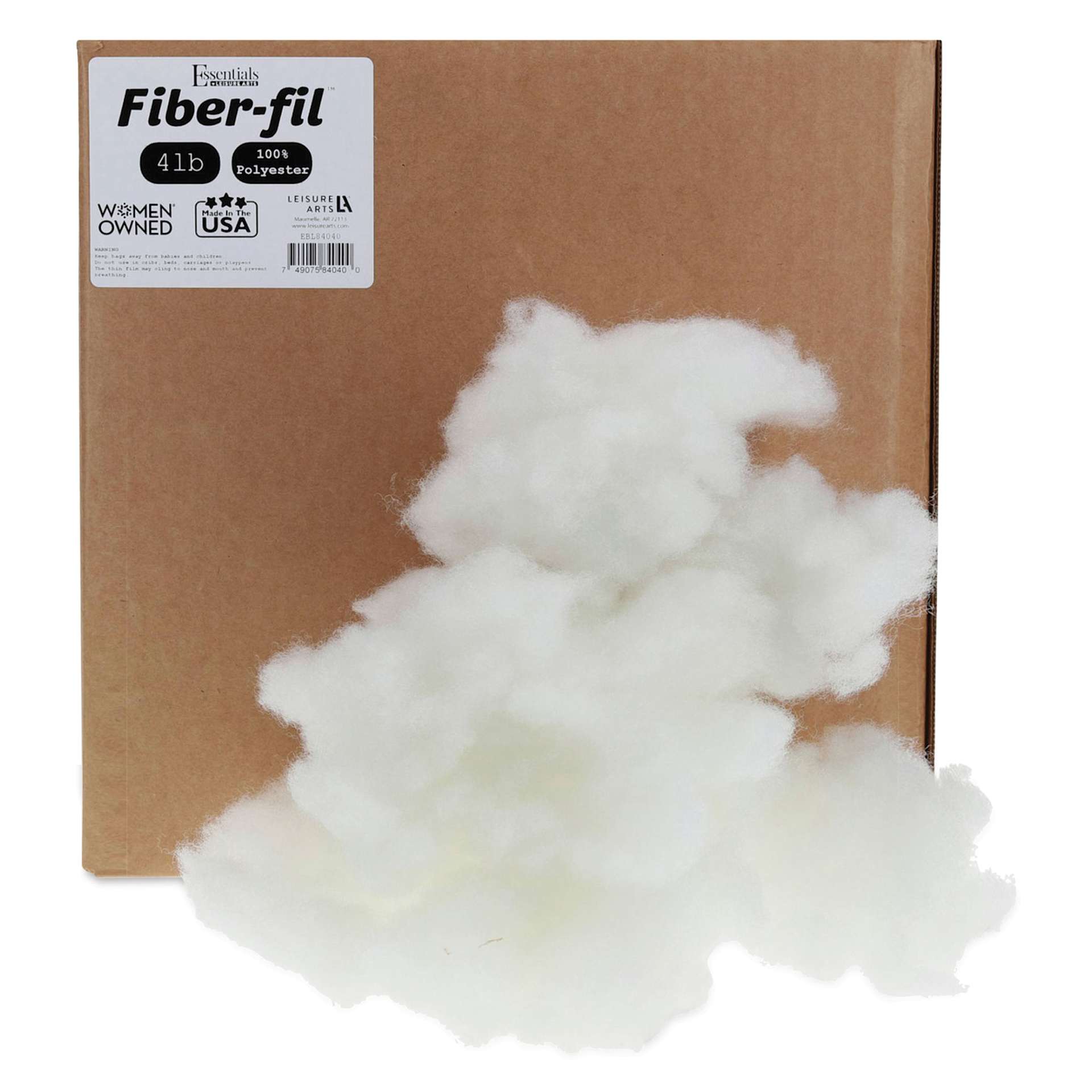 Essentials by Leisure Arts Fiber-fil Polyester Stuffing - 4 lb, fiber in front of the packaging