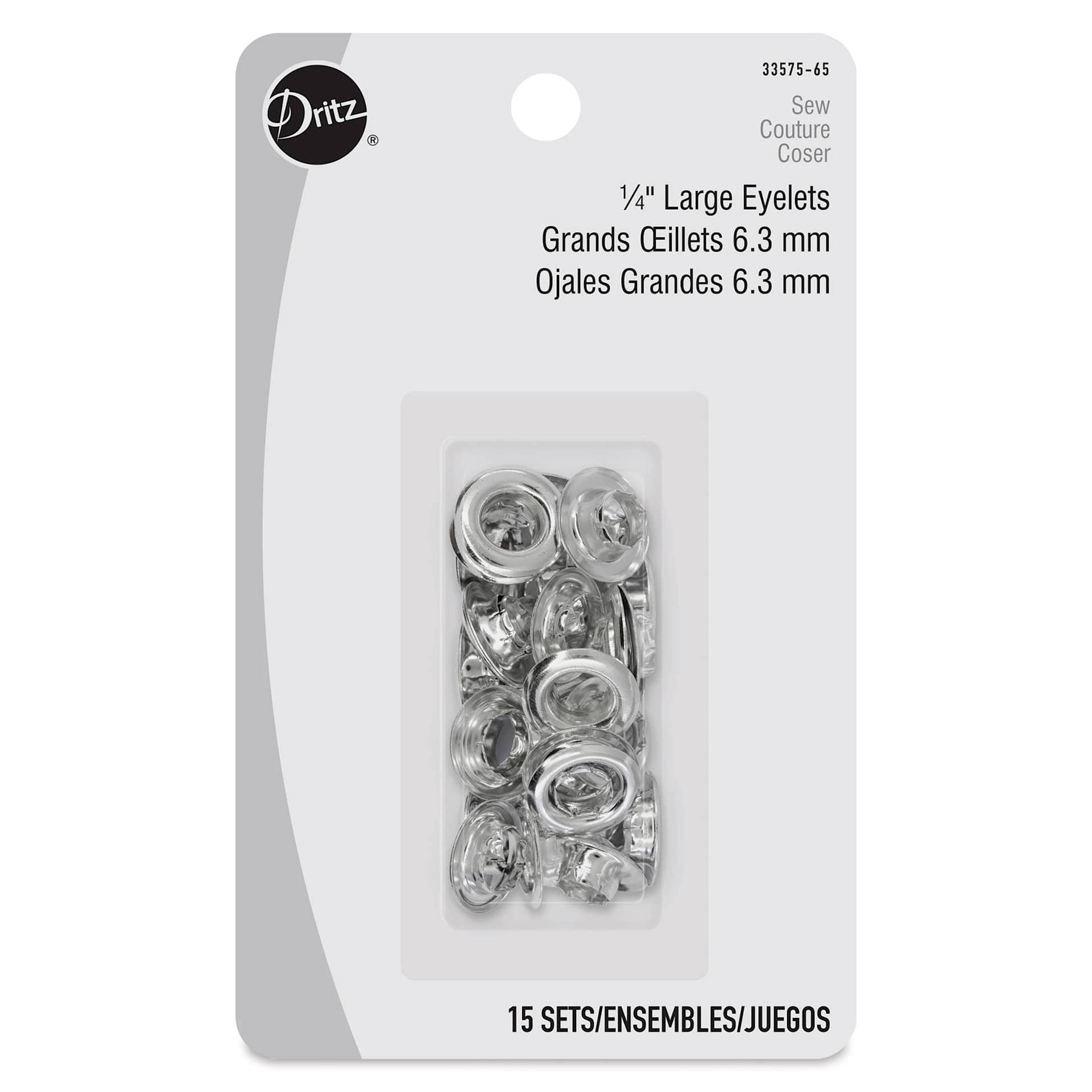 Dritz Eyelets - Front of the packaging of 15 Large, Nickel eyelets