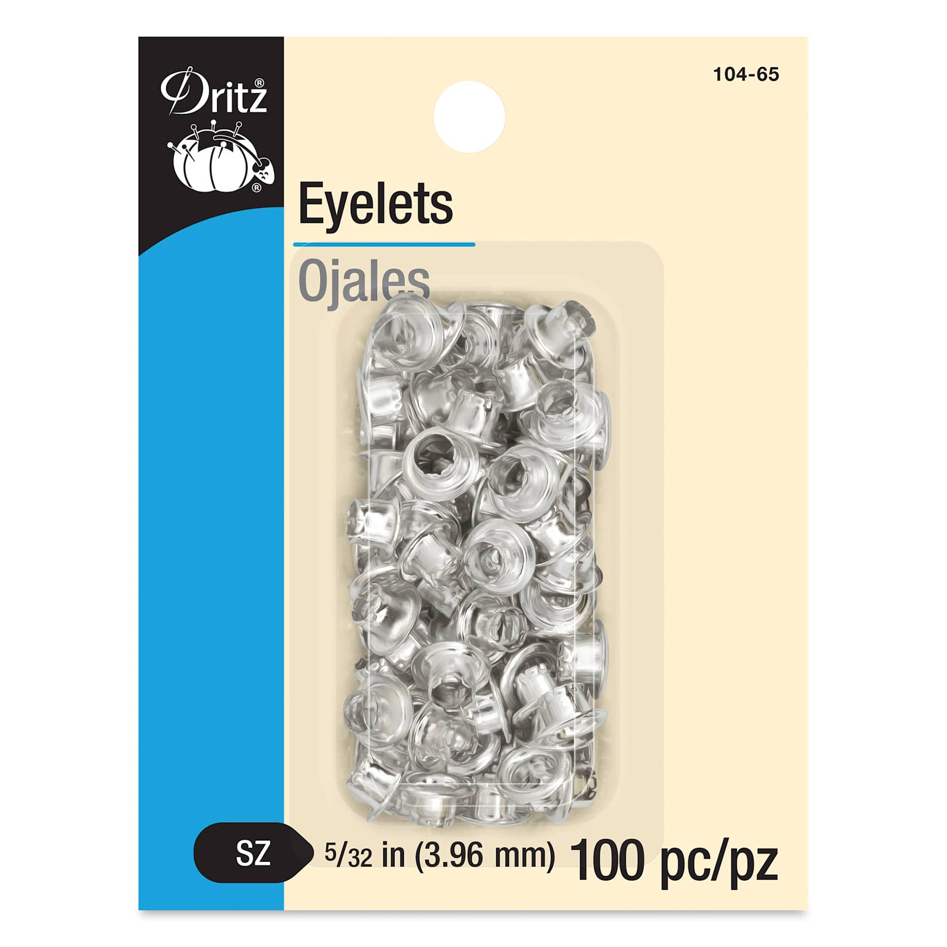 Dritz Eyelets - Front of the packaging of 100 Small, Nickel eyelets