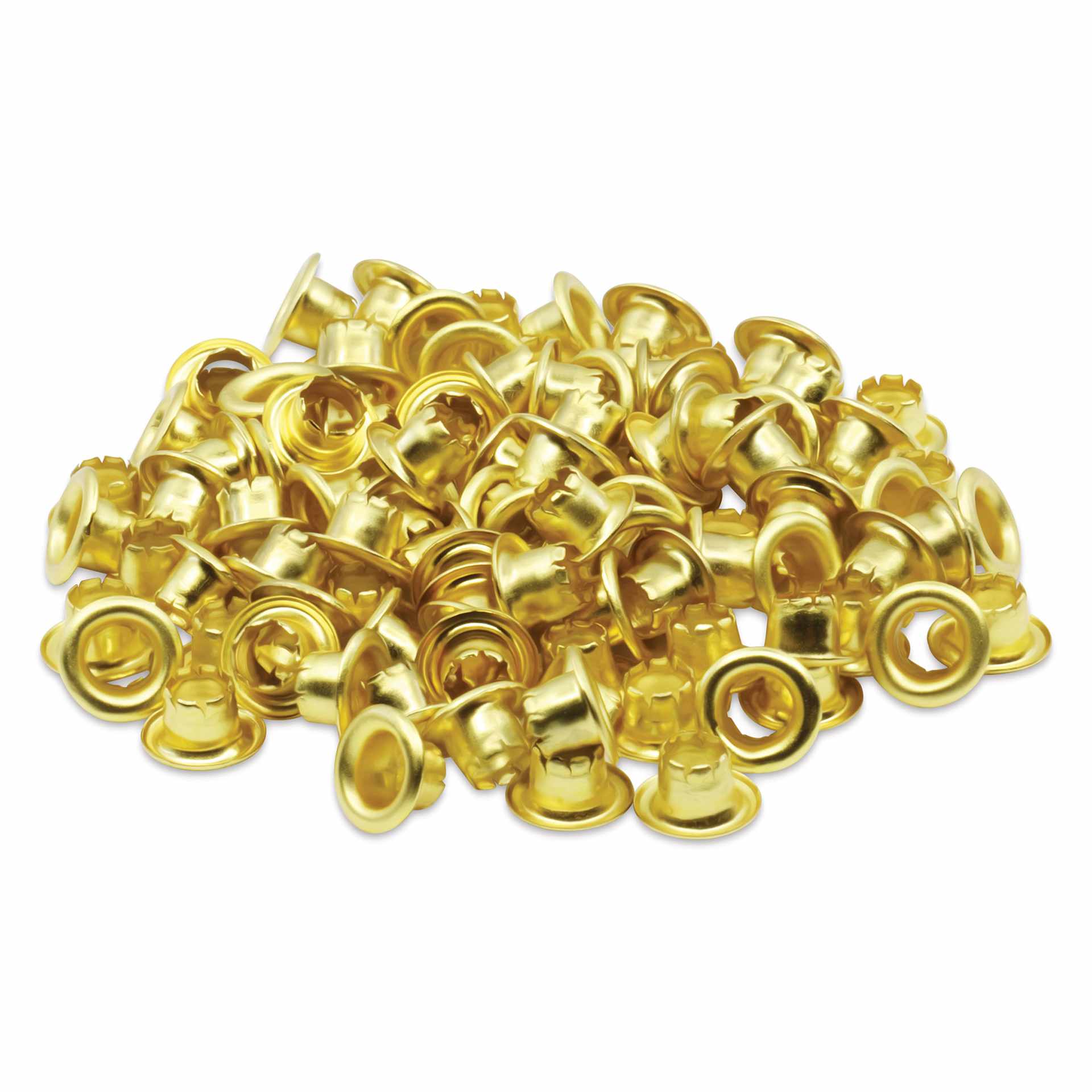Dritz Eyelets - 100 Small, Brass eyelets, laid outside of the packaging