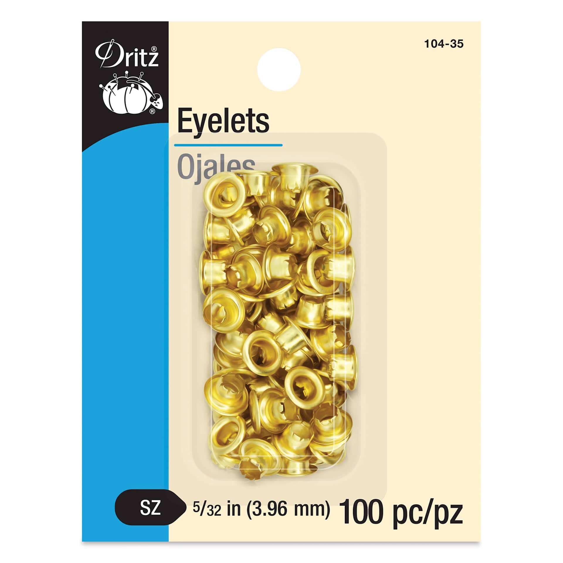 Dritz Eyelets - Front of the packaging of 100 Small, Brass eyelets