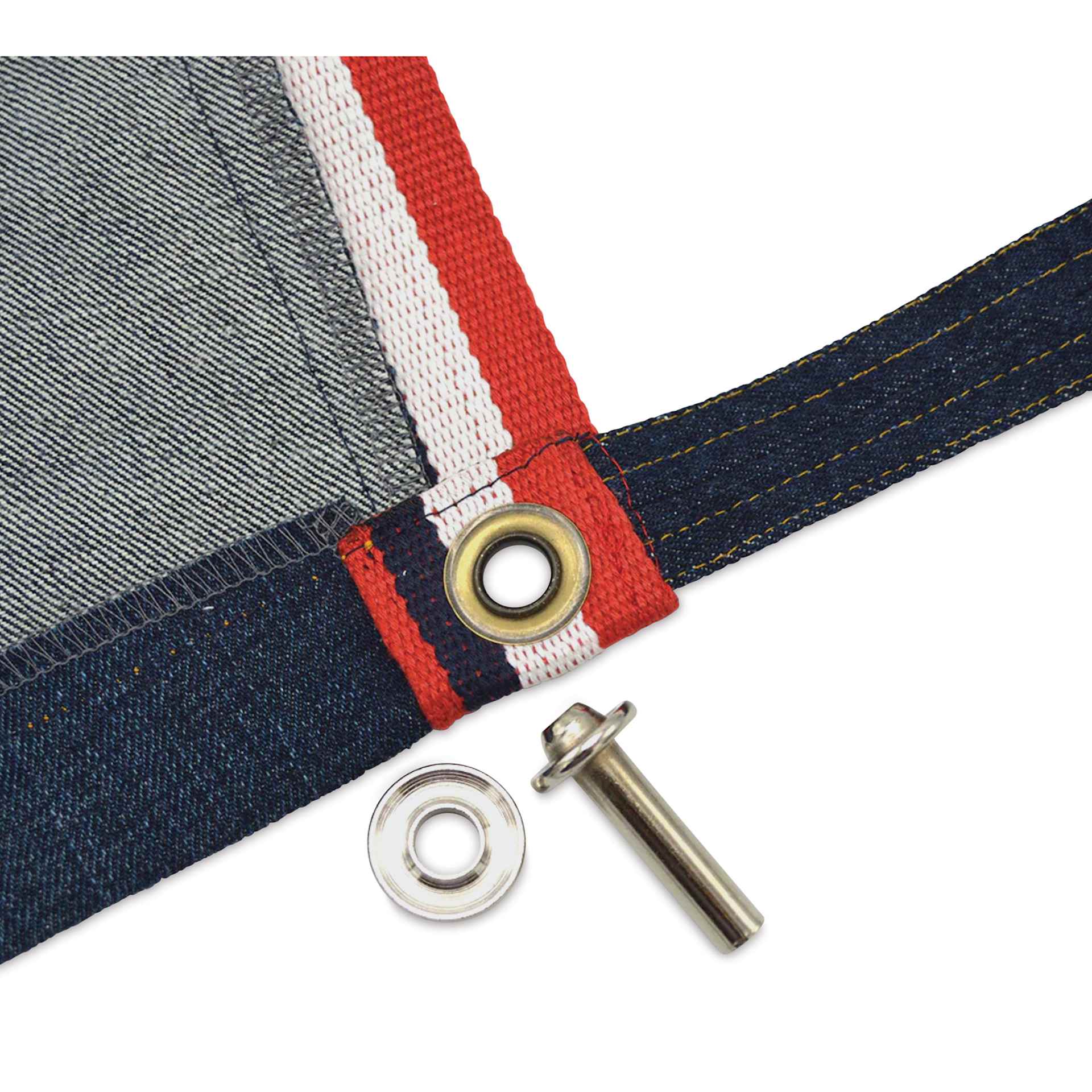 Dritz Grommet Tools, setter and anvil next to fabric with finished grommet (not included)
