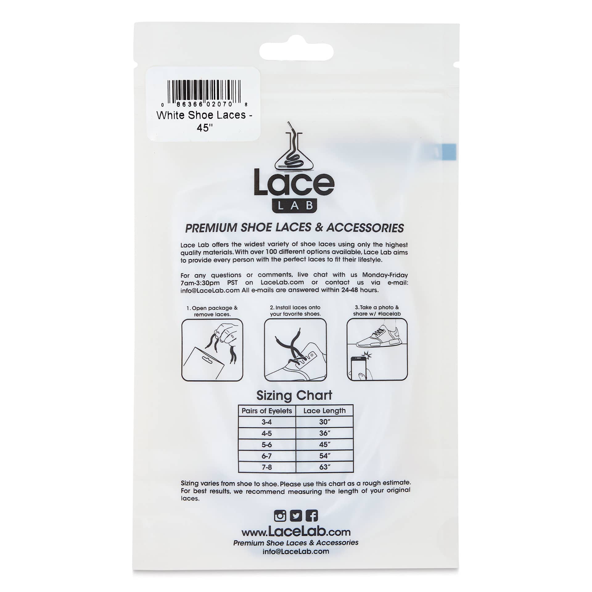 Angelus Lace Lab Flat Colored Shoe Laces - White, back of the packaging