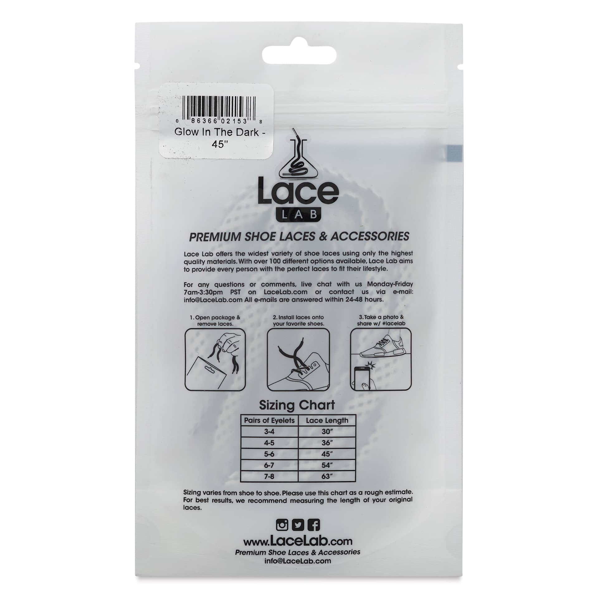 Angelus Lace Lab Flat Colored Shoe Laces - Glow in the Dark, 45" Long - back of packaging