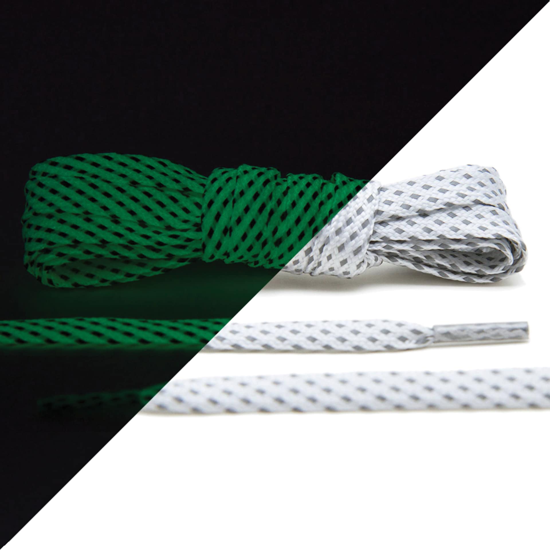 Angelus Lace Lab Flat Colored Shoe Laces - Glow in the Dark, 45" Long - showing in dark and under light