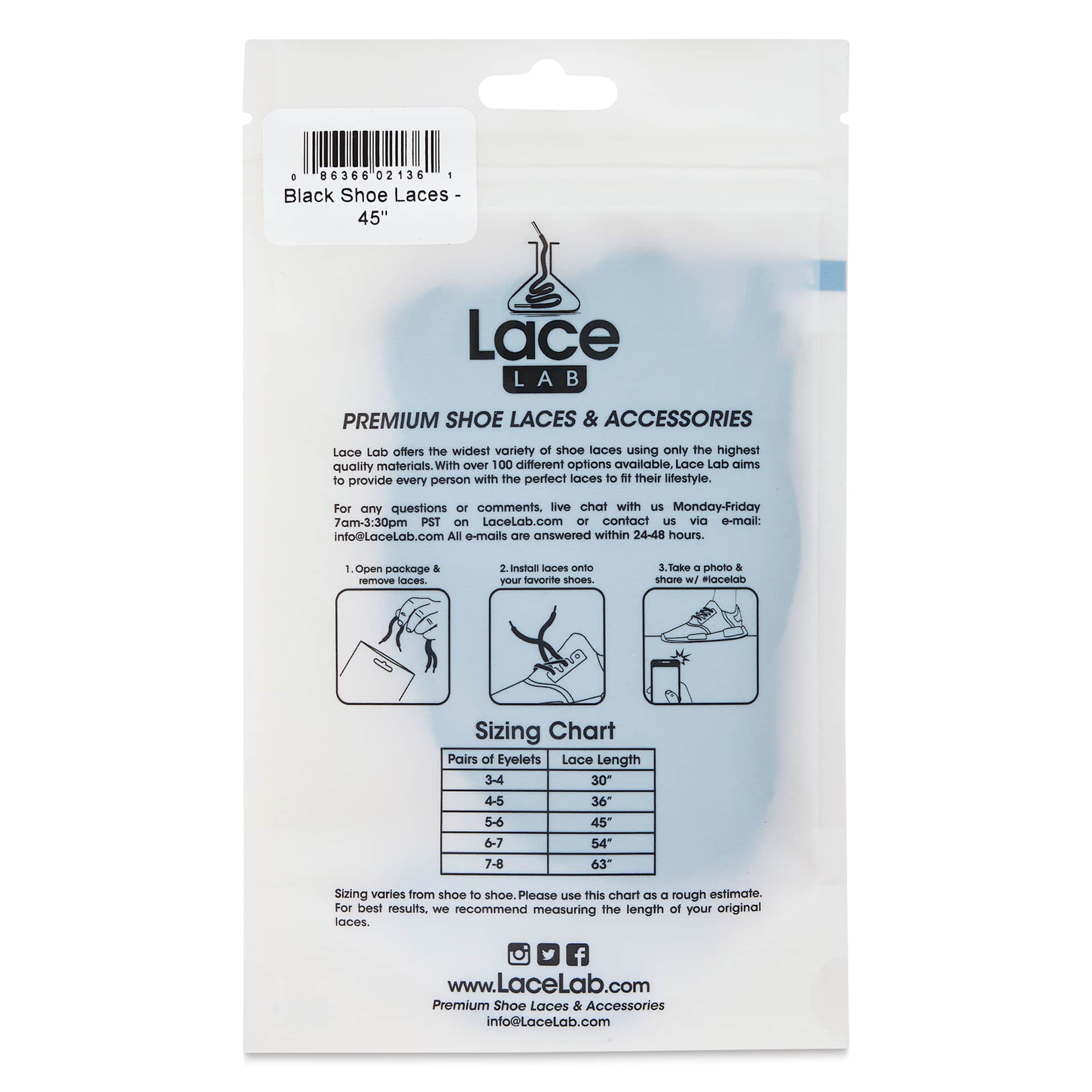 Angelus Lace Lab Flat Colored Shoe Laces - Black, back of the packaging