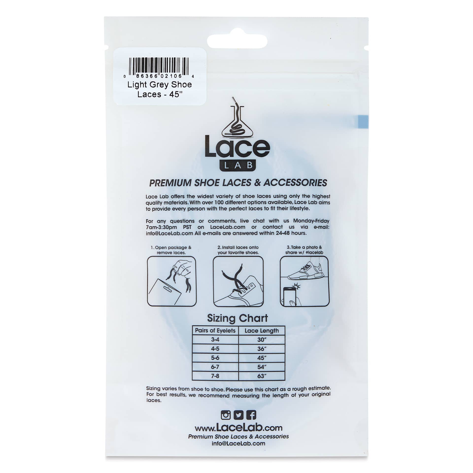 Angelus Lace Lab Flat Colored Shoe Laces - Light Grey, back of the packaging
