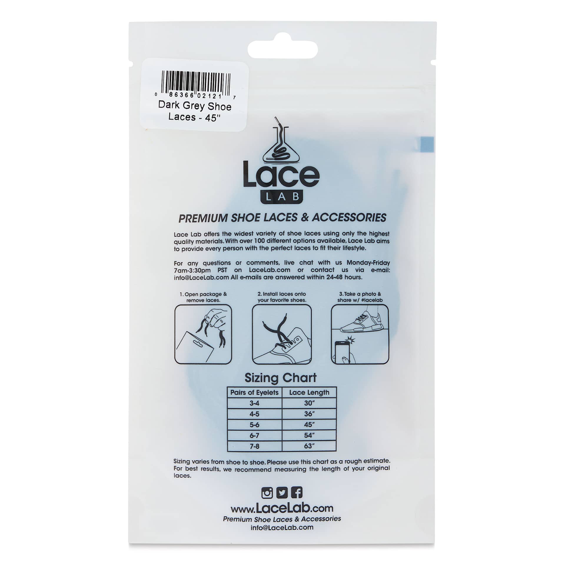 Angelus Lace Lab Flat Colored Shoe Laces - Dark Grey, back of the packaging