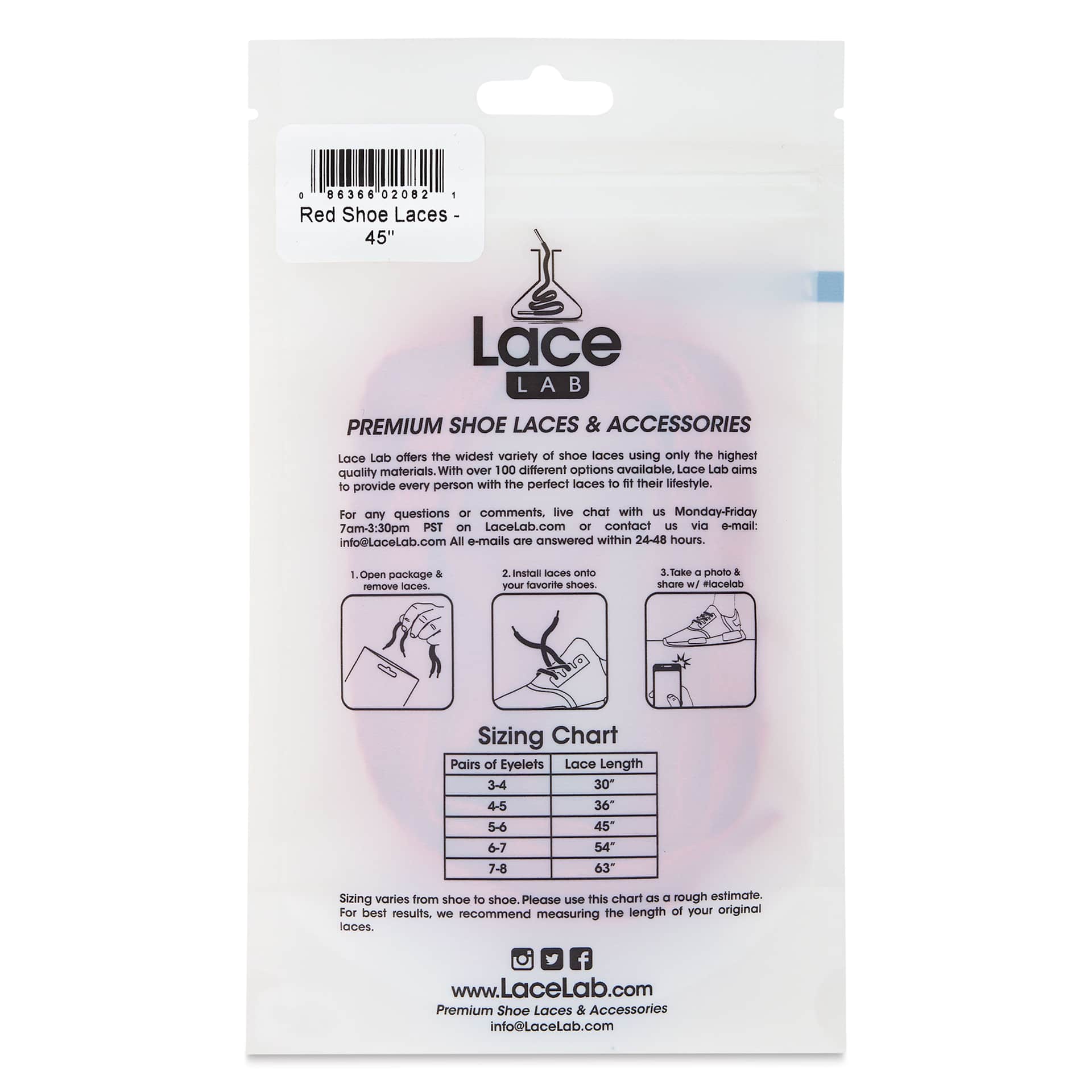 Angelus Lace Lab Flat Colored Shoe Laces - Red, back of the packaging