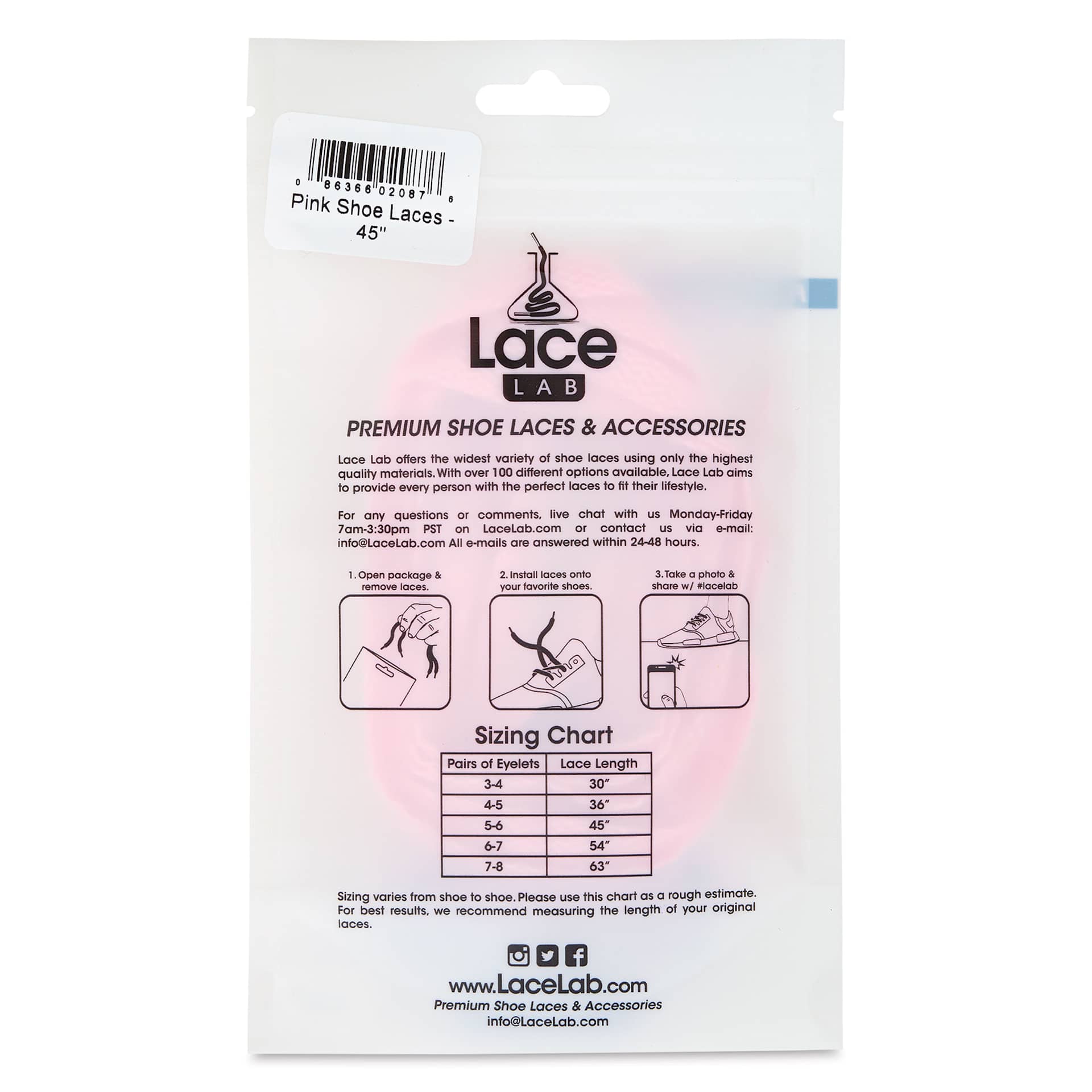 Angelus Lace Lab Flat Colored Shoe Laces - Pink, back of the packaging