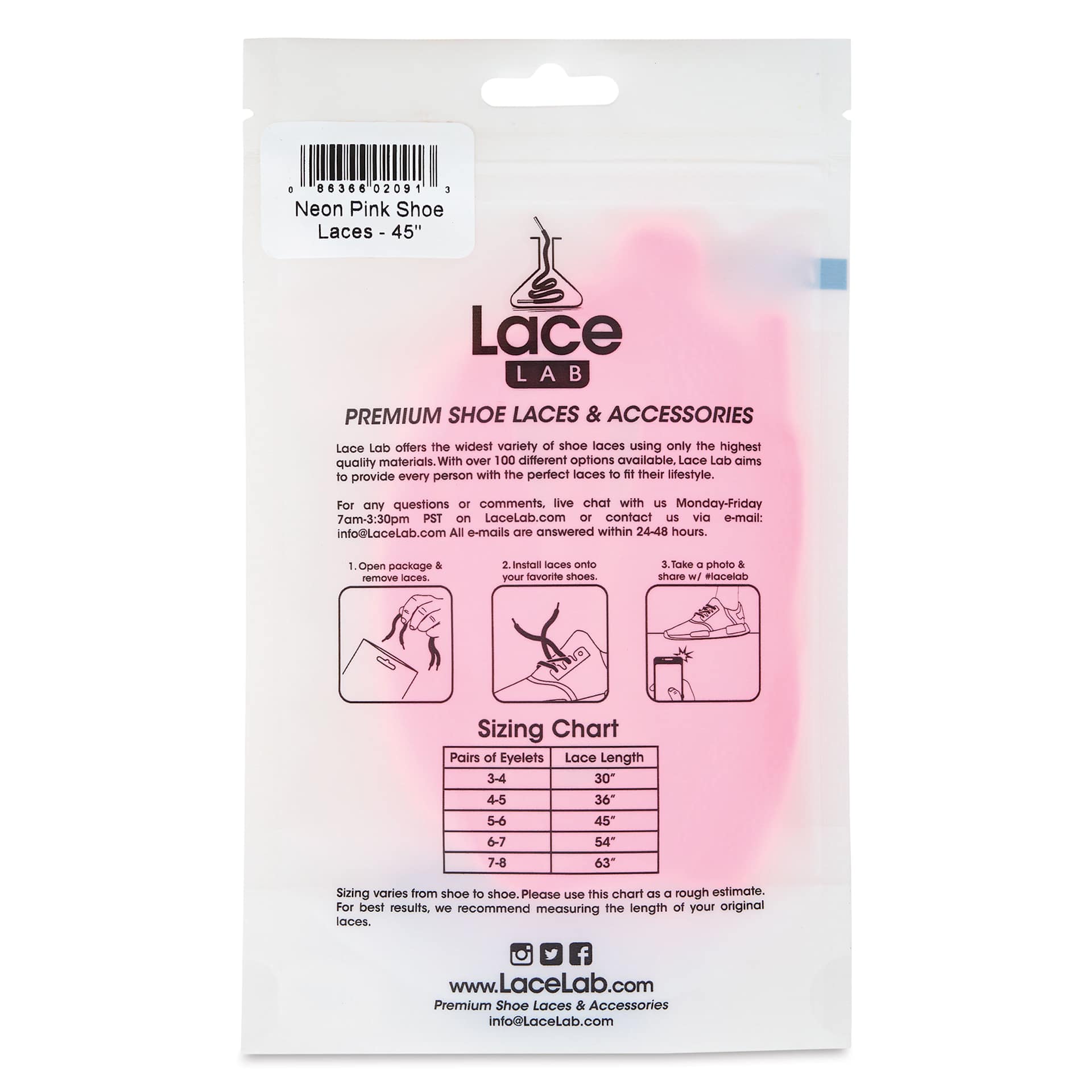 Angelus Lace Lab Flat Colored Shoe Laces - Neon Pink, back of the packaging