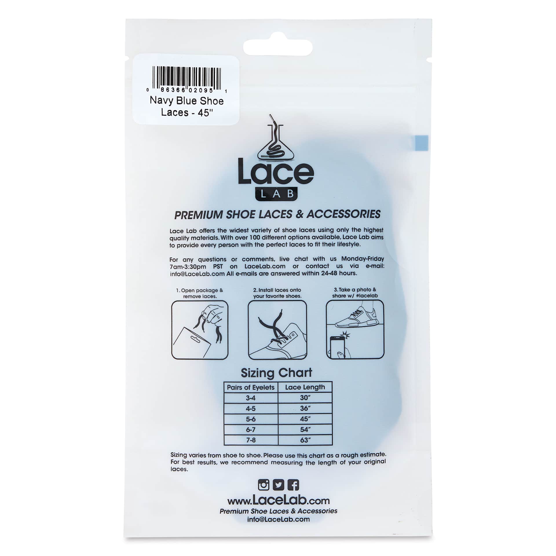 Angelus Lace Lab Flat Colored Shoe Laces - Navy Blue, back of the packaging
