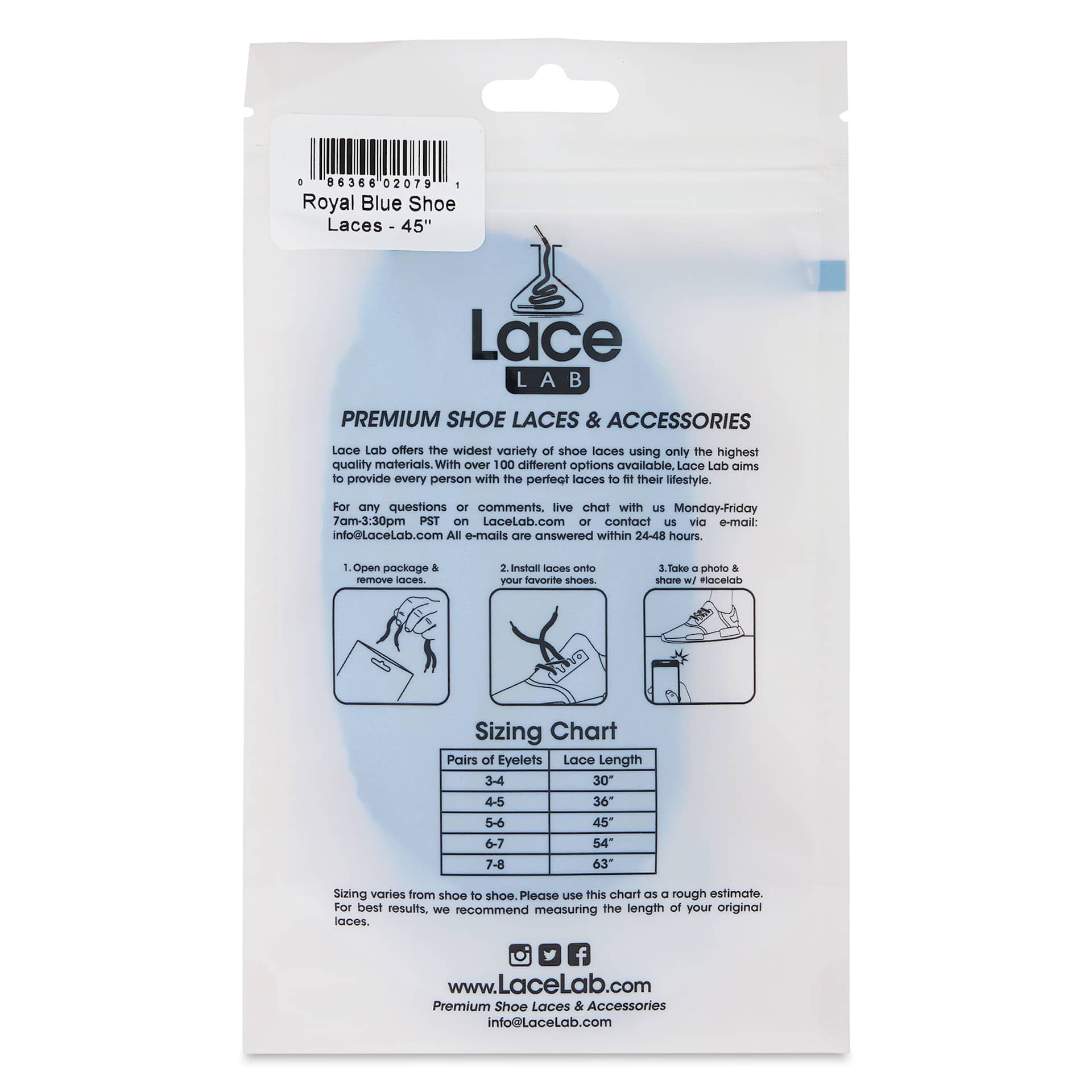 Angelus Lace Lab Flat Colored Shoe Laces - Royal Blue, back of the packaging