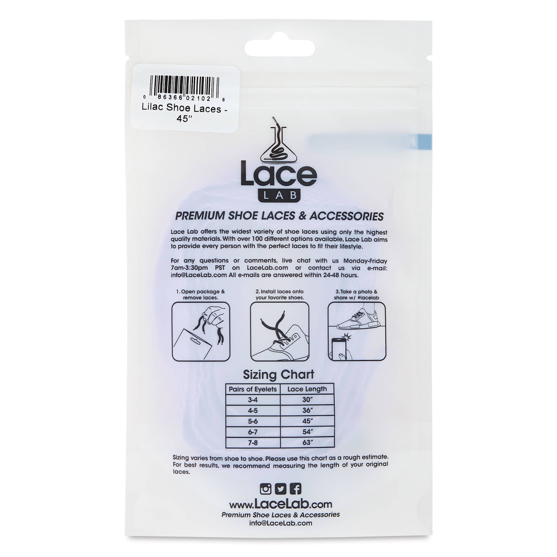 Angelus Lace Lab Flat Colored Shoe Laces - Lilac, back of the packaging