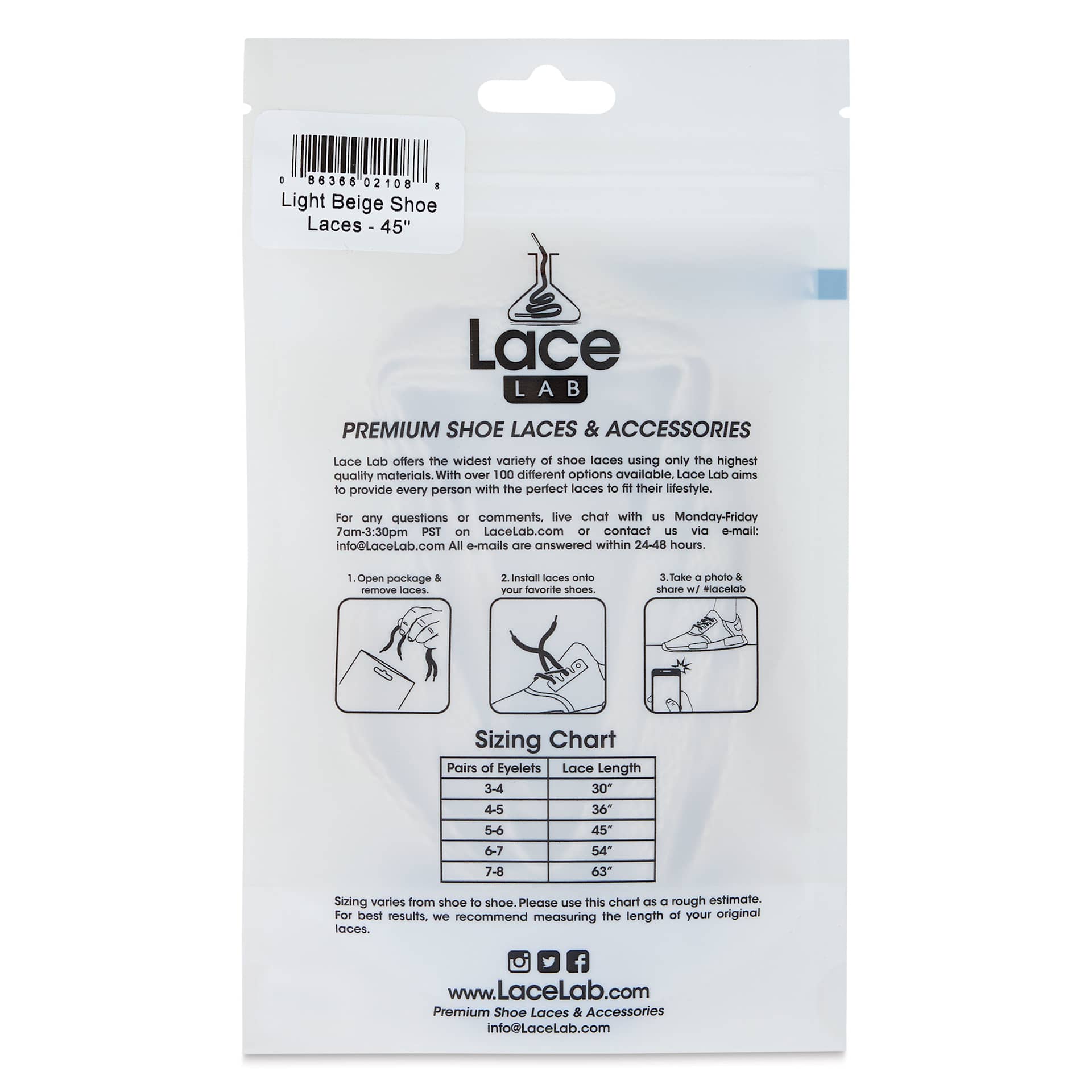 Angelus Lace Lab Flat Colored Shoe Laces - Light Beige, back of the packaging