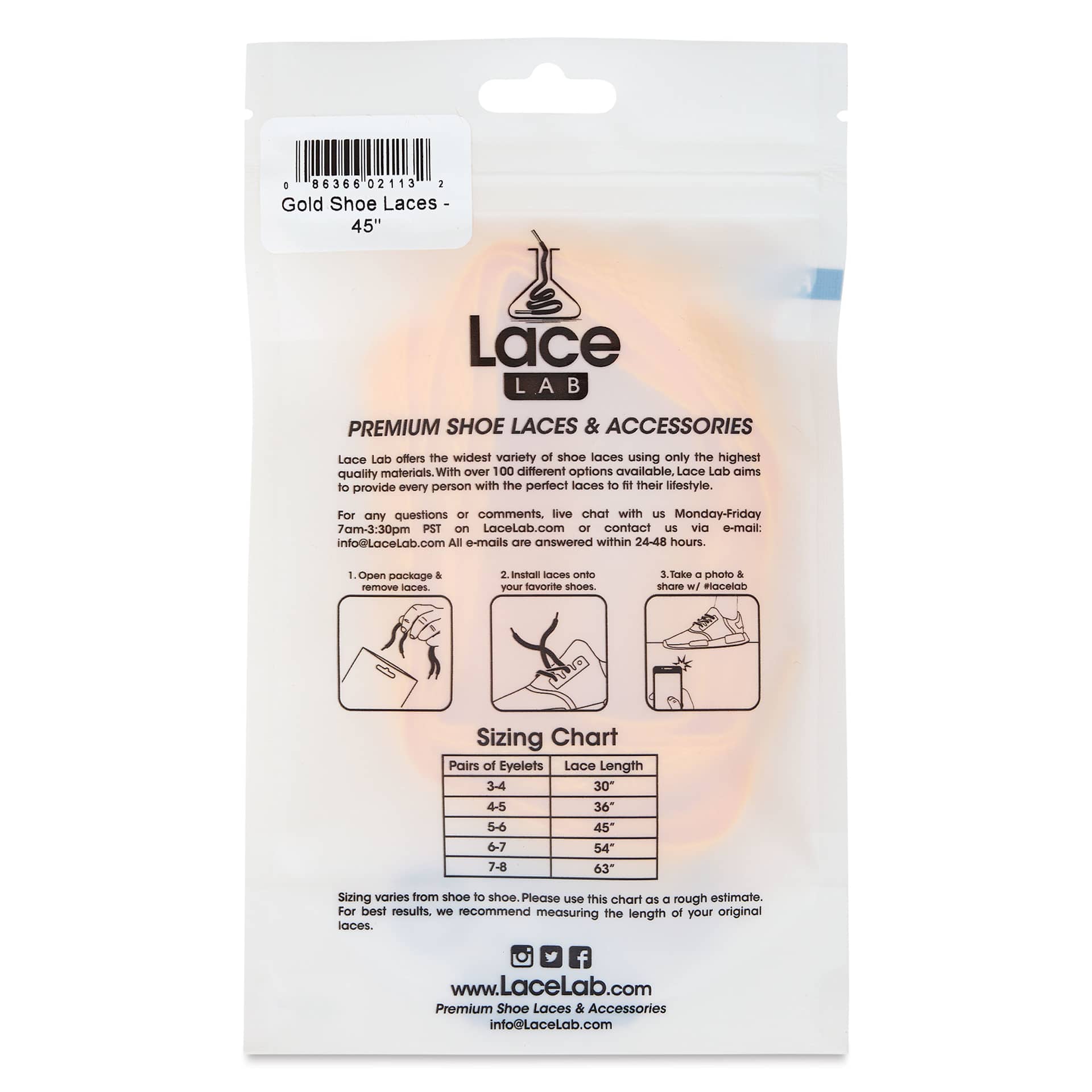 Angelus Lace Lab Flat Colored Shoe Laces - Gold, back of the packaging