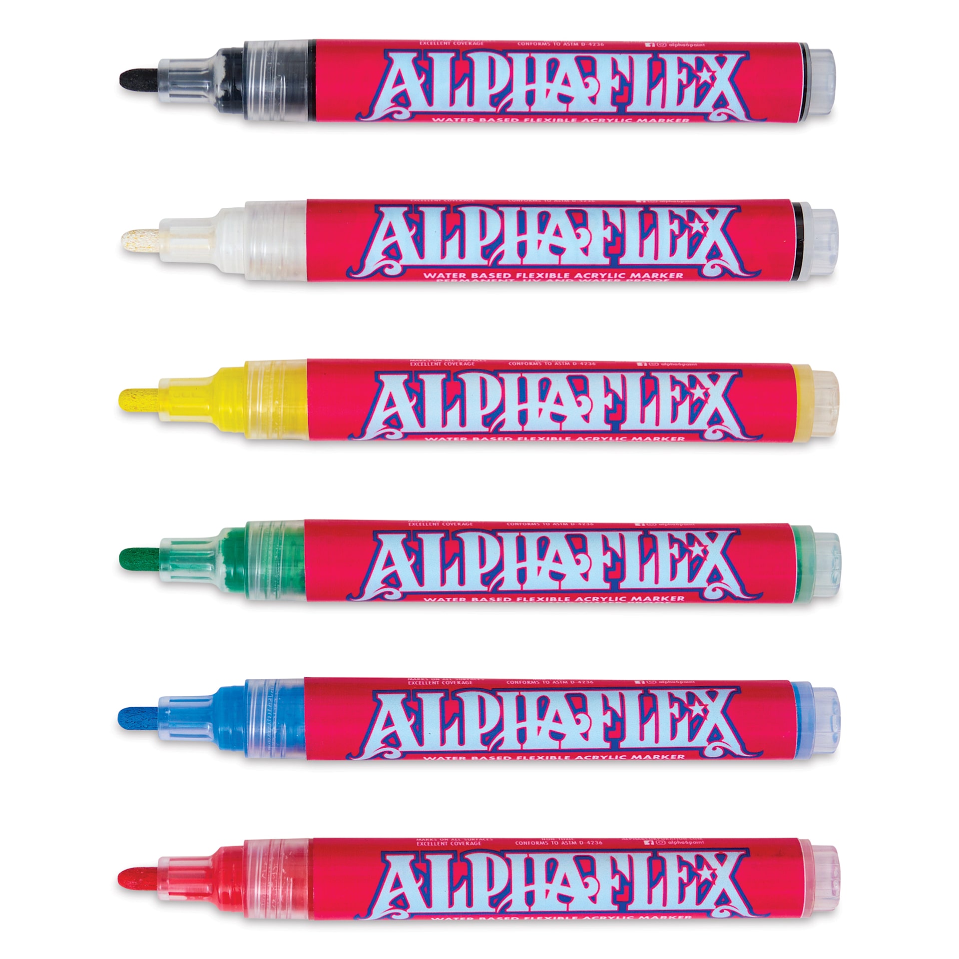 Alpha6 AlphaFlex Textile and Leather Paint Markers - Assorted Colors, 4 mm, Set of 6 markers with caps off