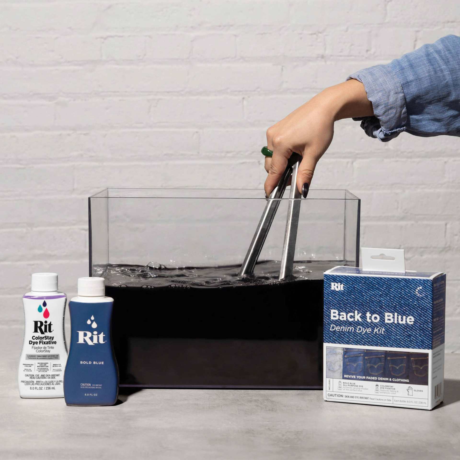Rit Back to Blue Denim Dye Kit - dipping jeans in dye tub