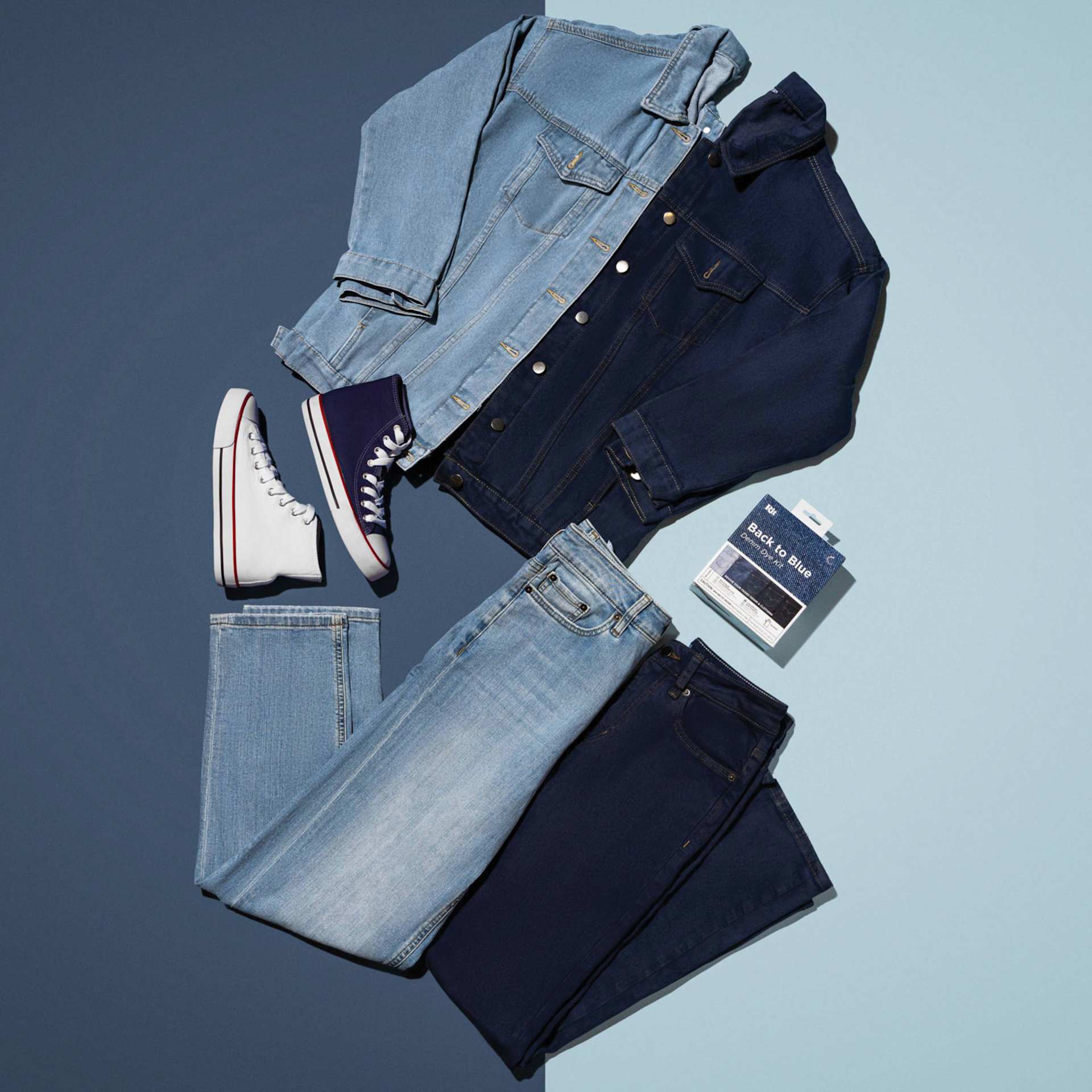 Rit Back to Blue Denim Dye Kit - examples of finished jackets, shoes, and jeans